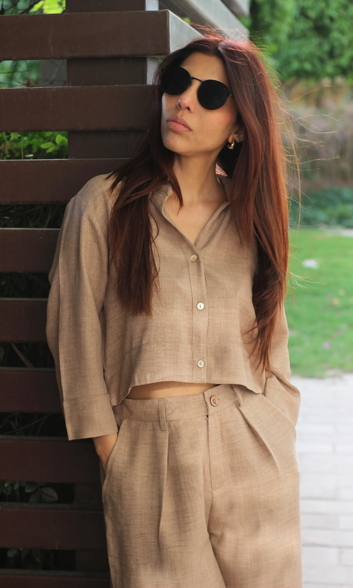 Sand Dune Cropped Shirt with Loose Pants Co-ord - Image 5
