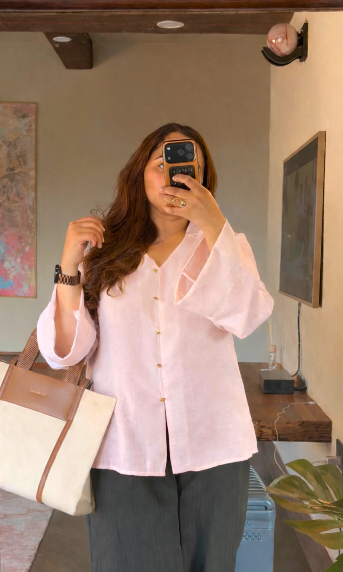 Semi-Sheer Blush Flared Sleeve Shirt - Image 2