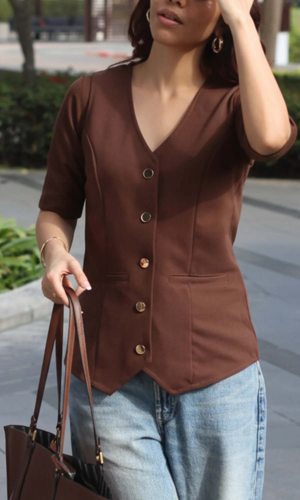 Sepia Sleeved Metallic Buttoned Waist Coat - Image 2
