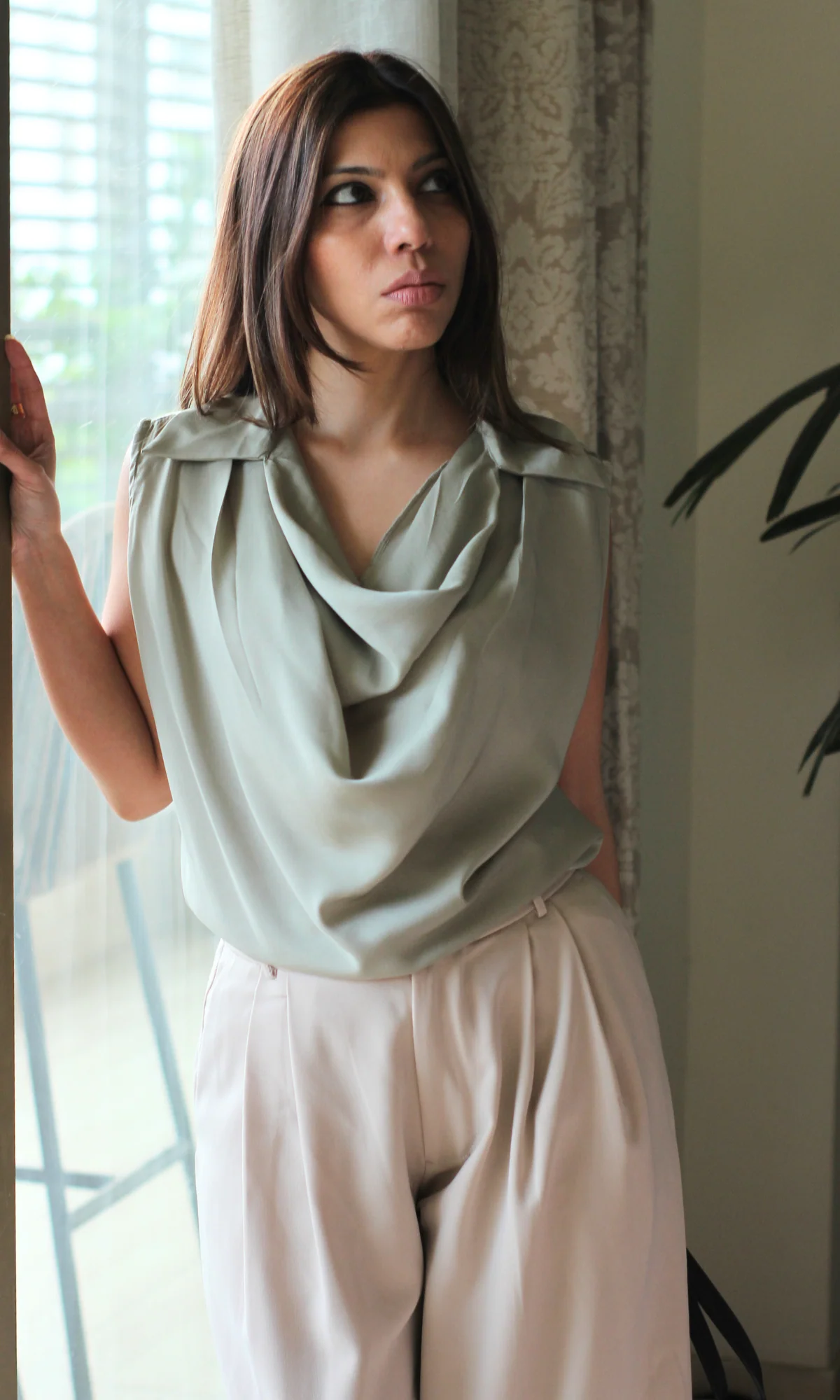 Silver Sage Collared Cowl Neck Top - Image 4
