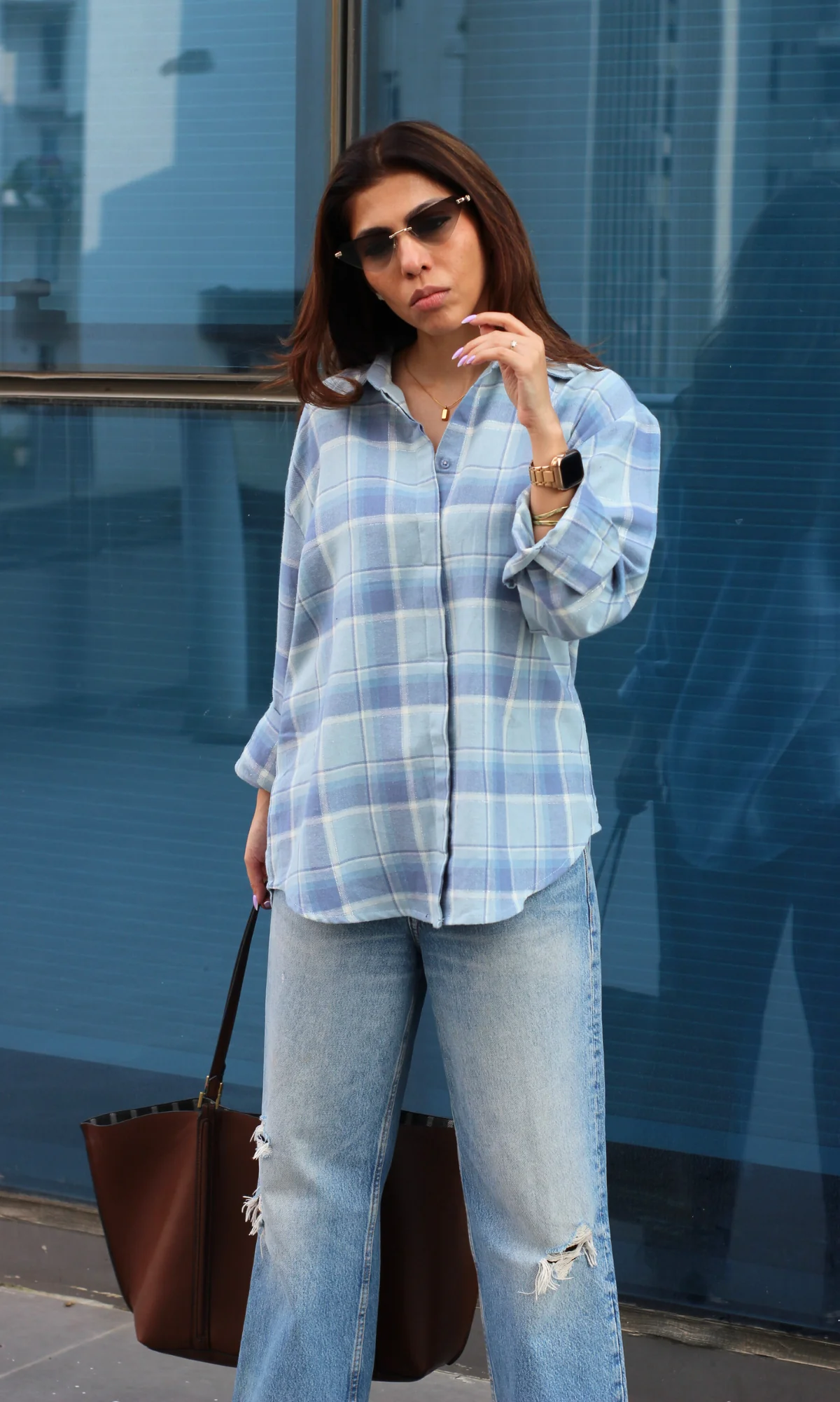 Sky Cyan Checked Shirt - Image 3