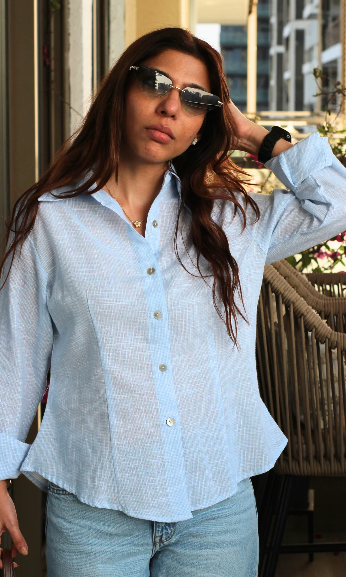 Sky Micro-Check Peplum Shirt - Image 4