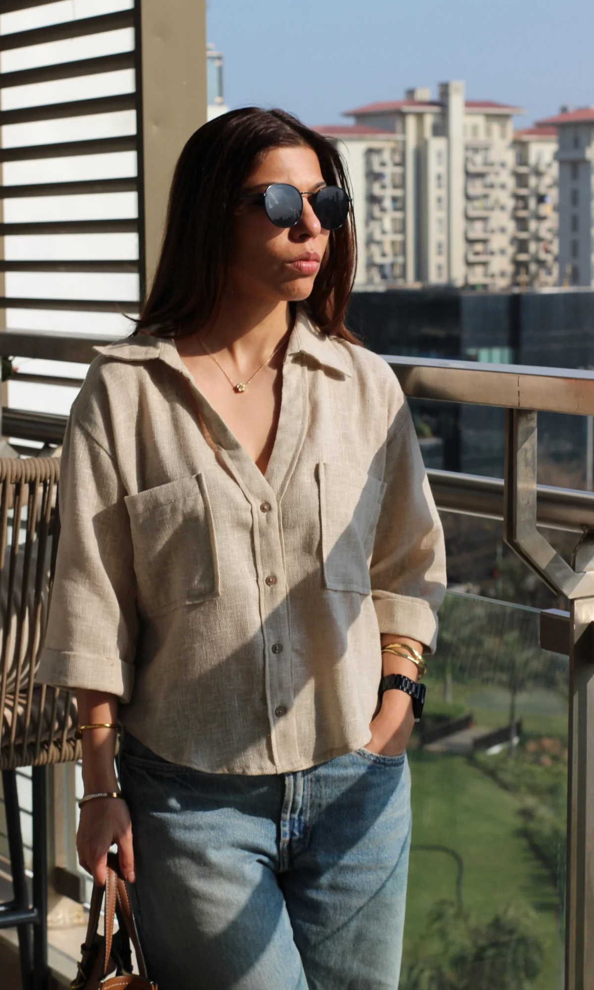 Soft Beige Weave Cropped Shirt - Image 2