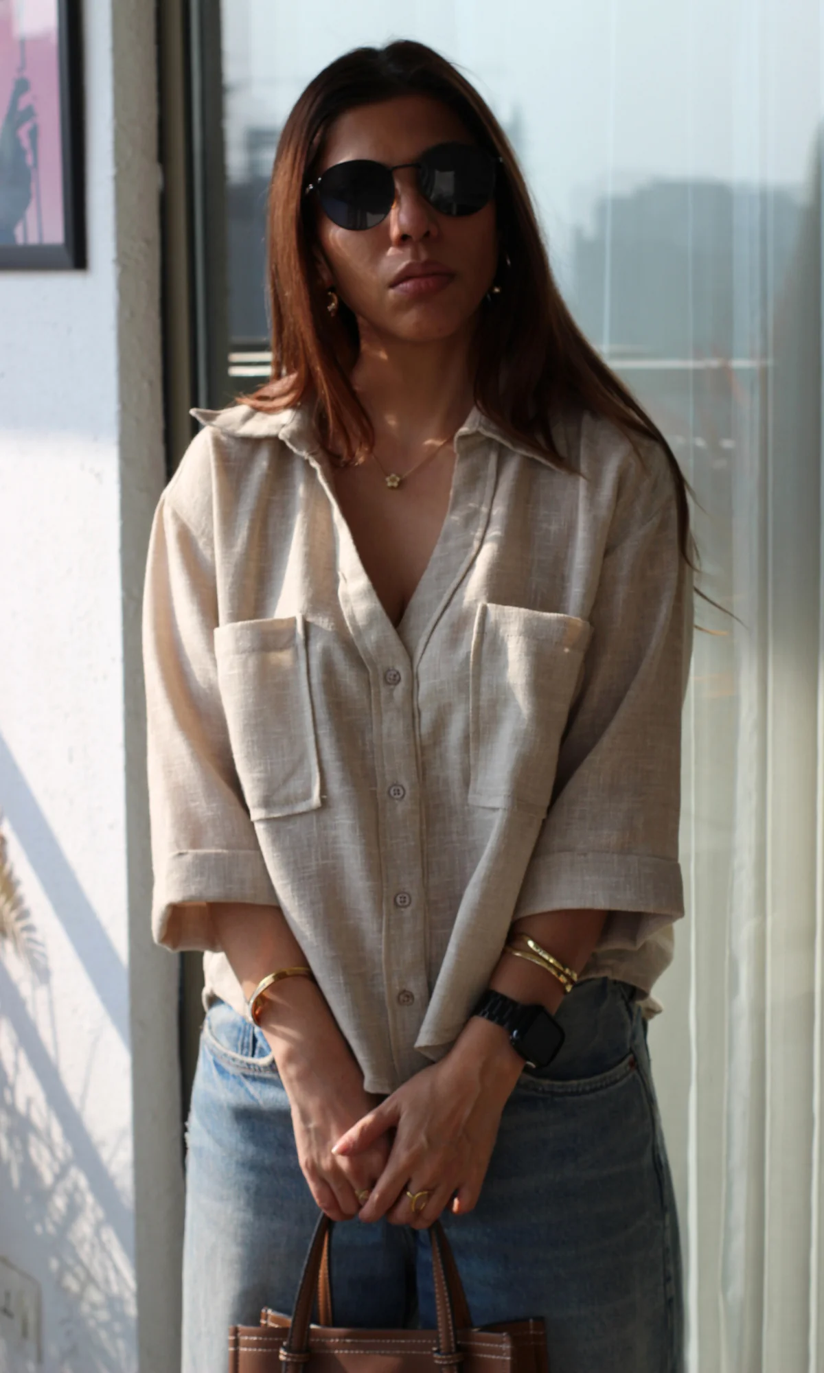 Soft Beige Weave Cropped Shirt - Image 3