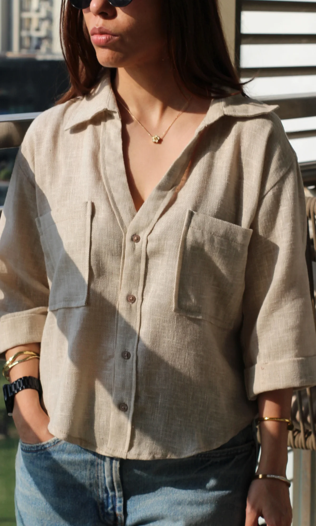 Soft Beige Weave Cropped Shirt - Image 4