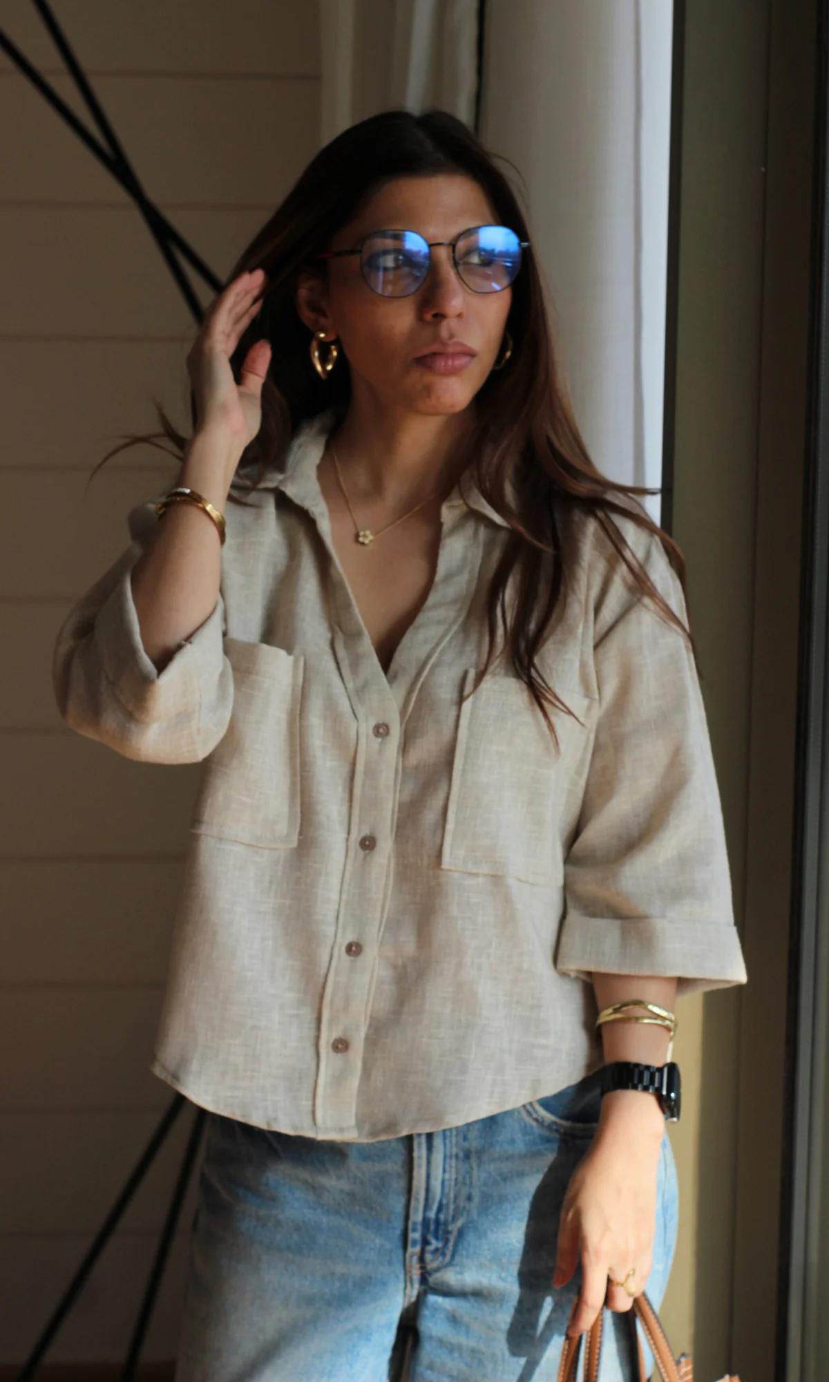 Soft Beige Weave Cropped Shirt - Image 5