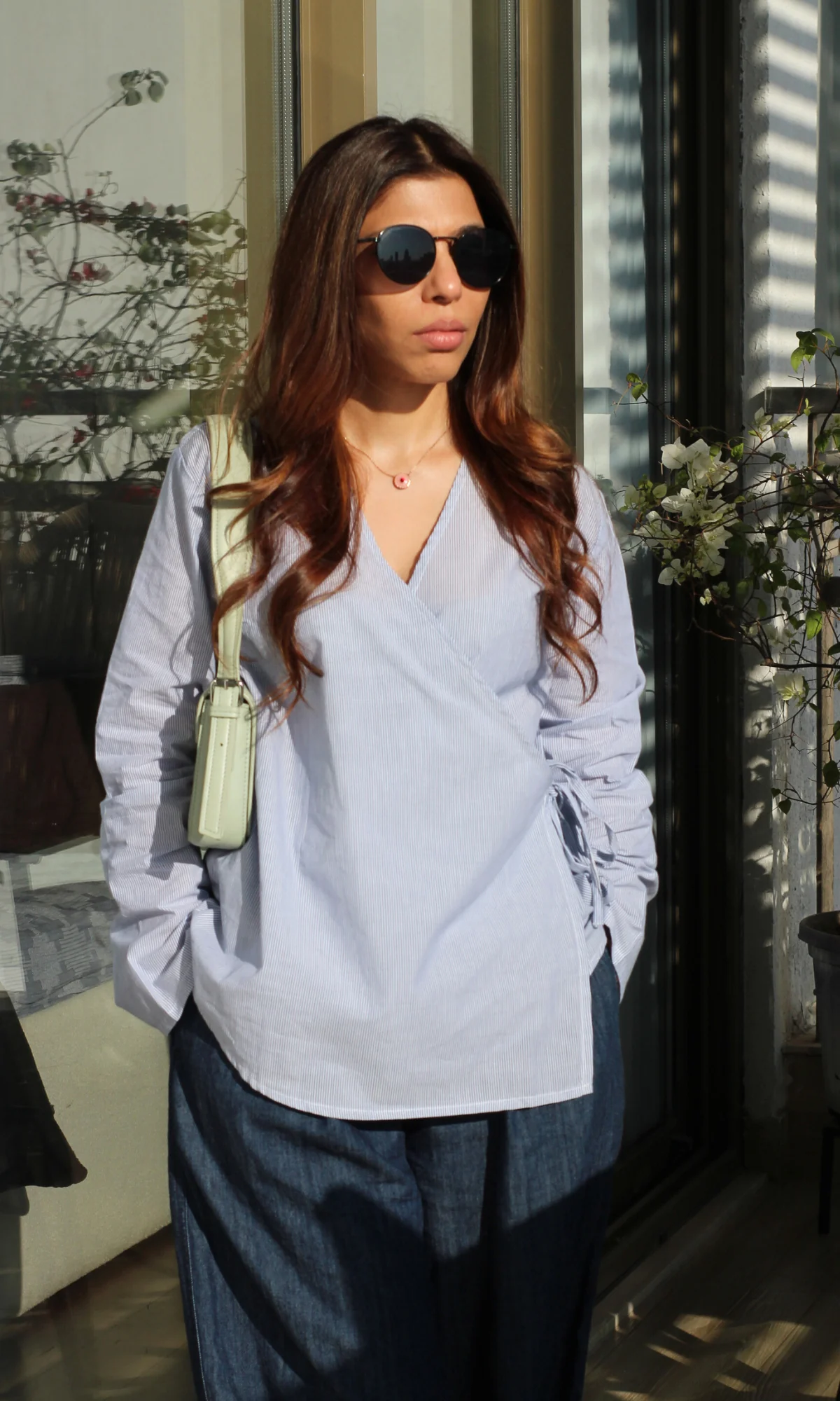 Soft Blue Linear Cotton Kimono Top