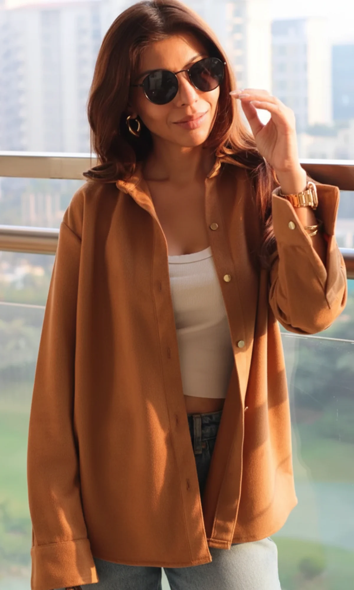 Soft Brown Suede Metallic Buttoned Shirt - Image 3