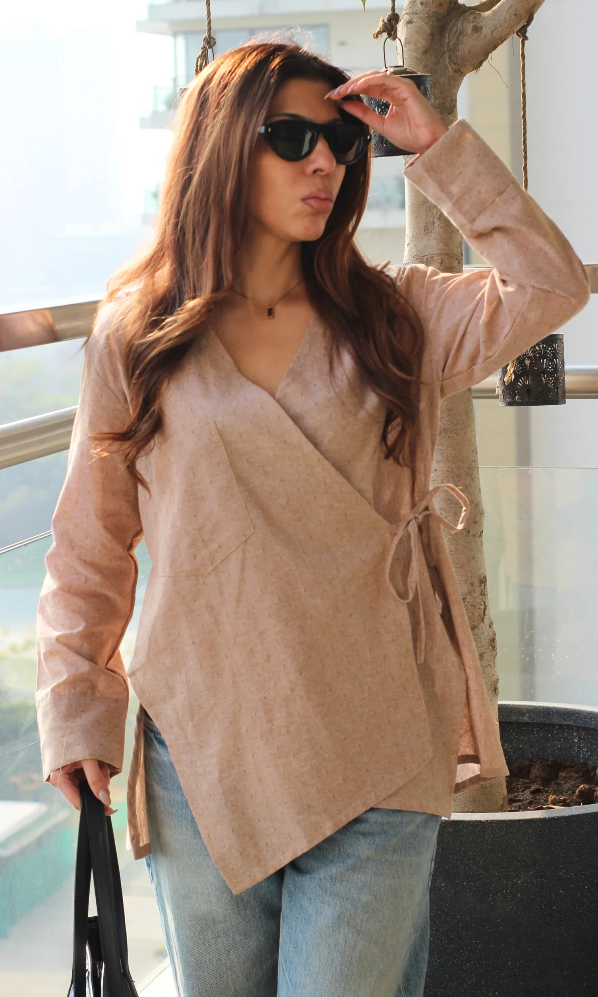 Soft Brown Weaved Cuts Detail Kimono Top - Image 2