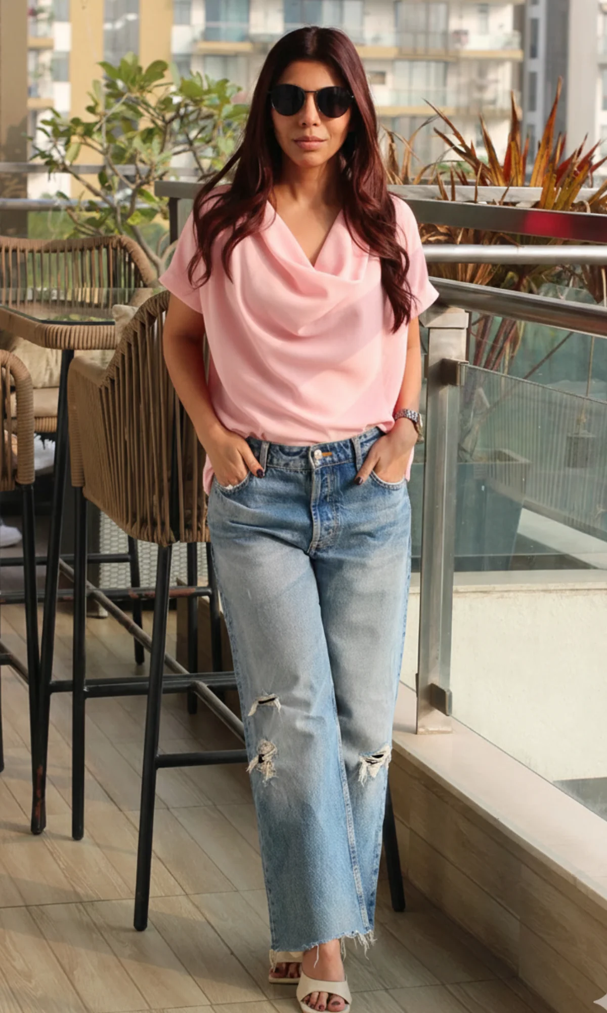Soft Pink Flowing Cowl Neck Top - Image 2