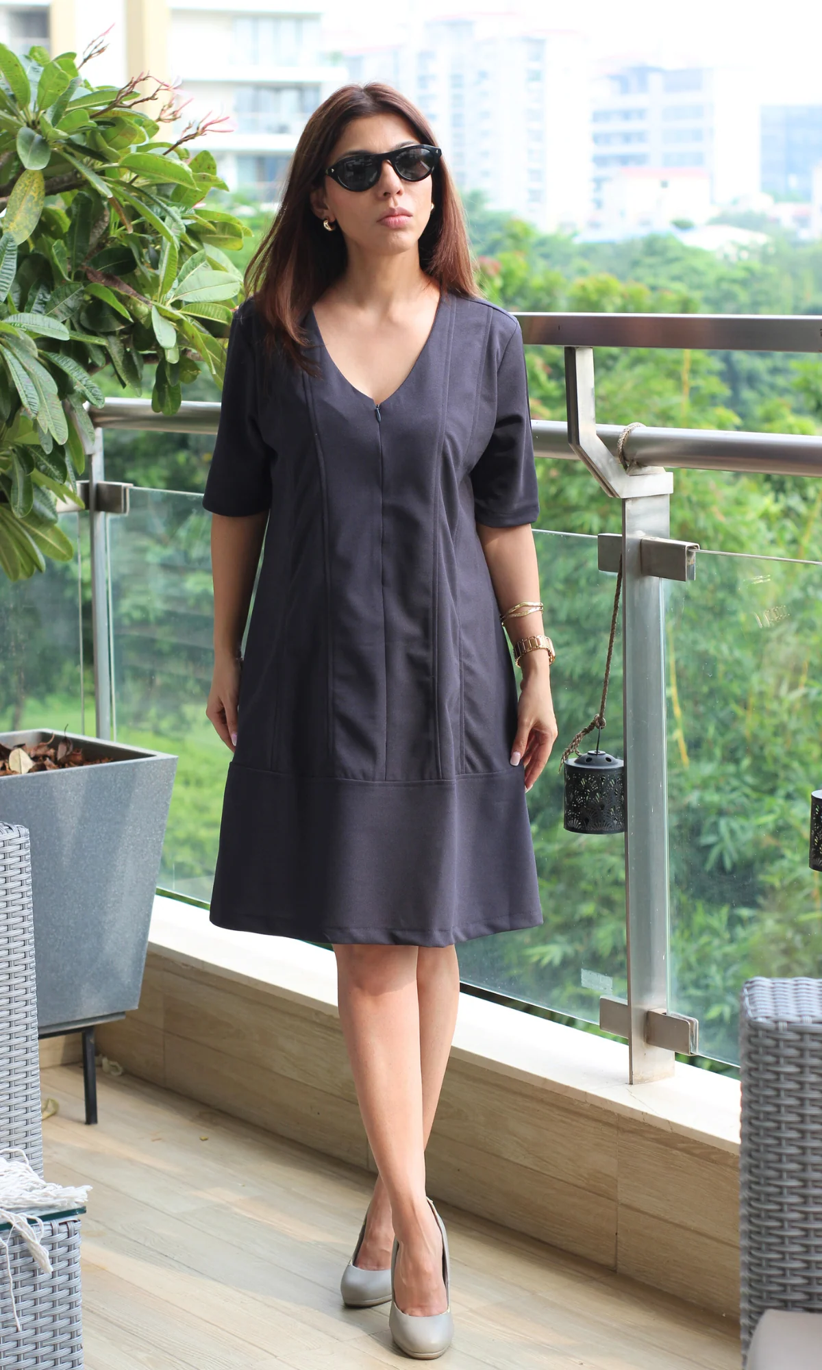 Steel Blue Zip Detail Flared Dress - Image 2