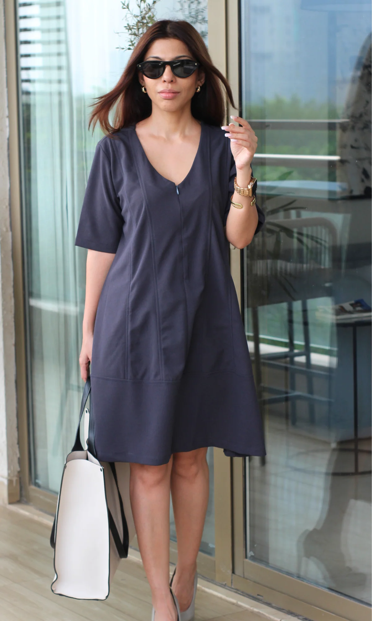 Steel Blue Zip Detail Flared Dress - Image 3
