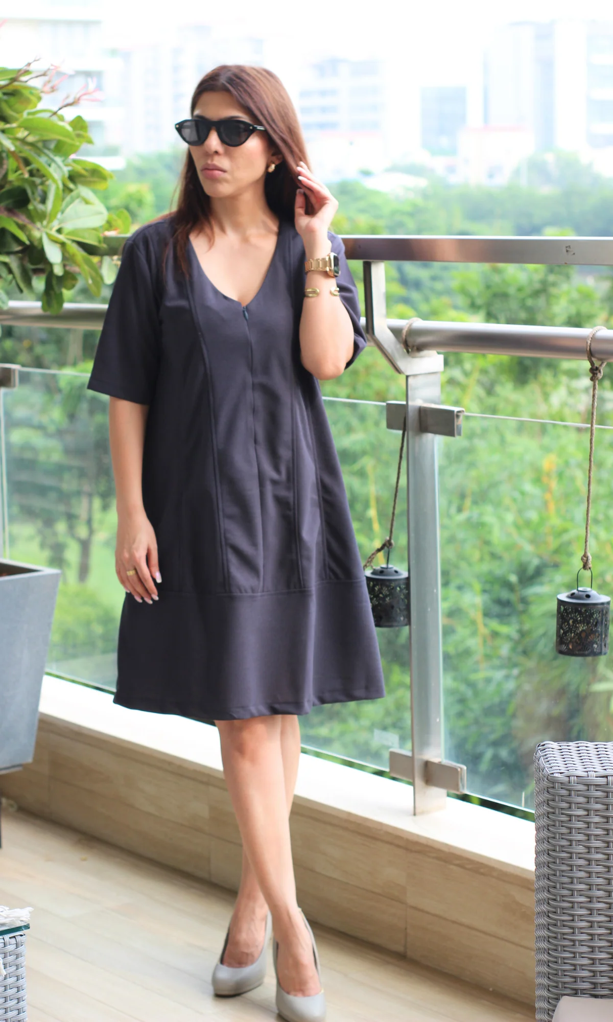 Steel Blue Zip Detail Flared Dress - Image 4