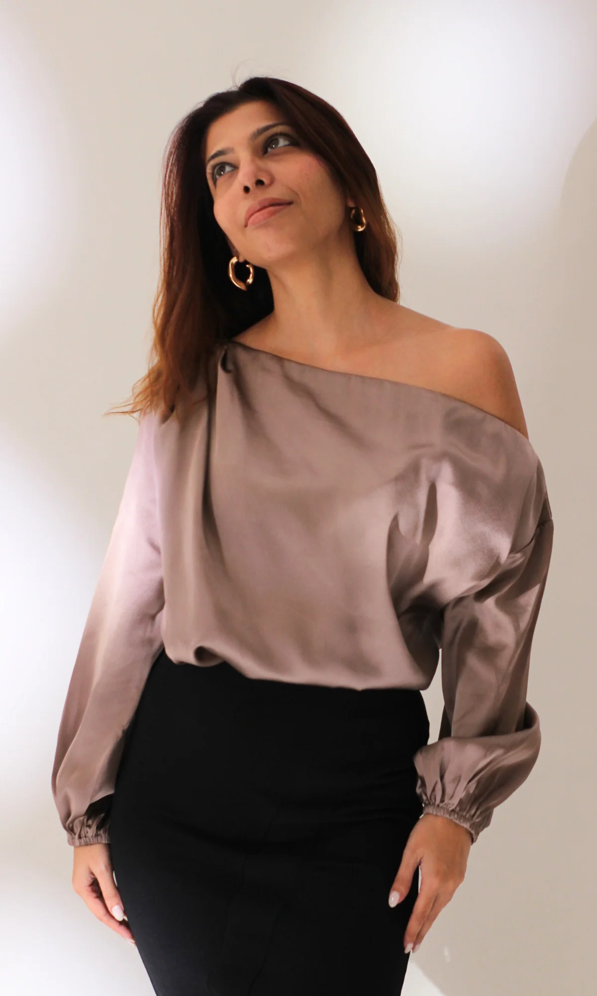Stone Grey Balloon Sleeved One Shoulder Top - Image 2