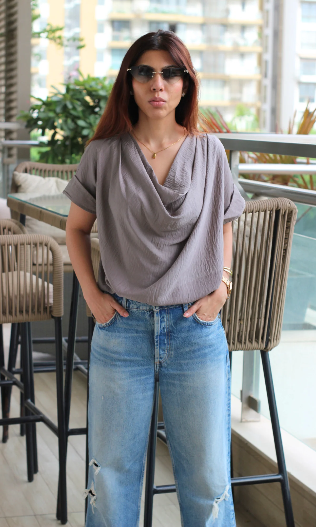 Stone Taupe Cowl Neck Top - Image 2