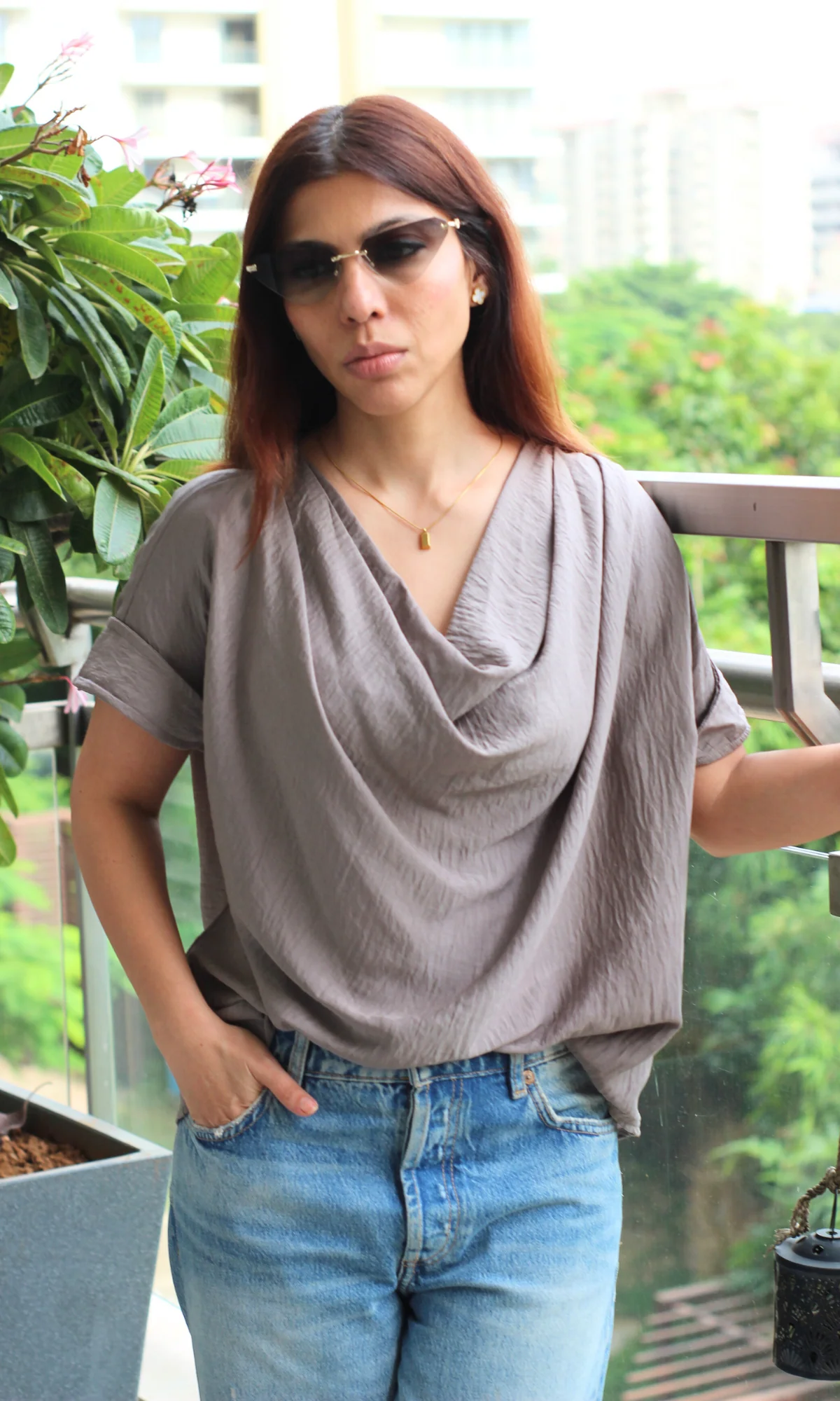 Stone Taupe Cowl Neck Top - Image 3