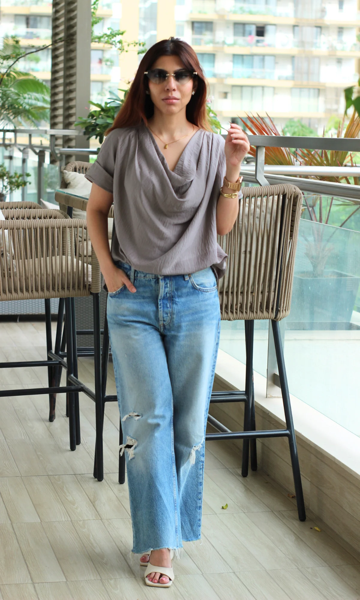 Stone Taupe Cowl Neck Top - Image 4