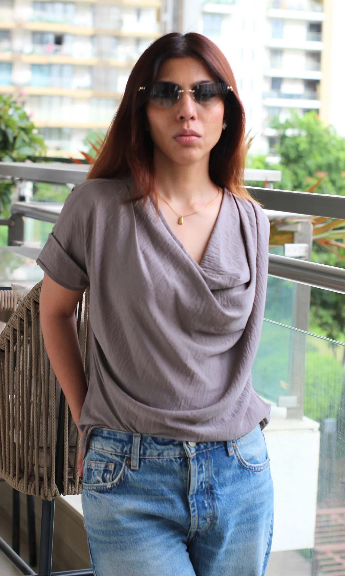 Stone Taupe Cowl Neck Top - Image 6