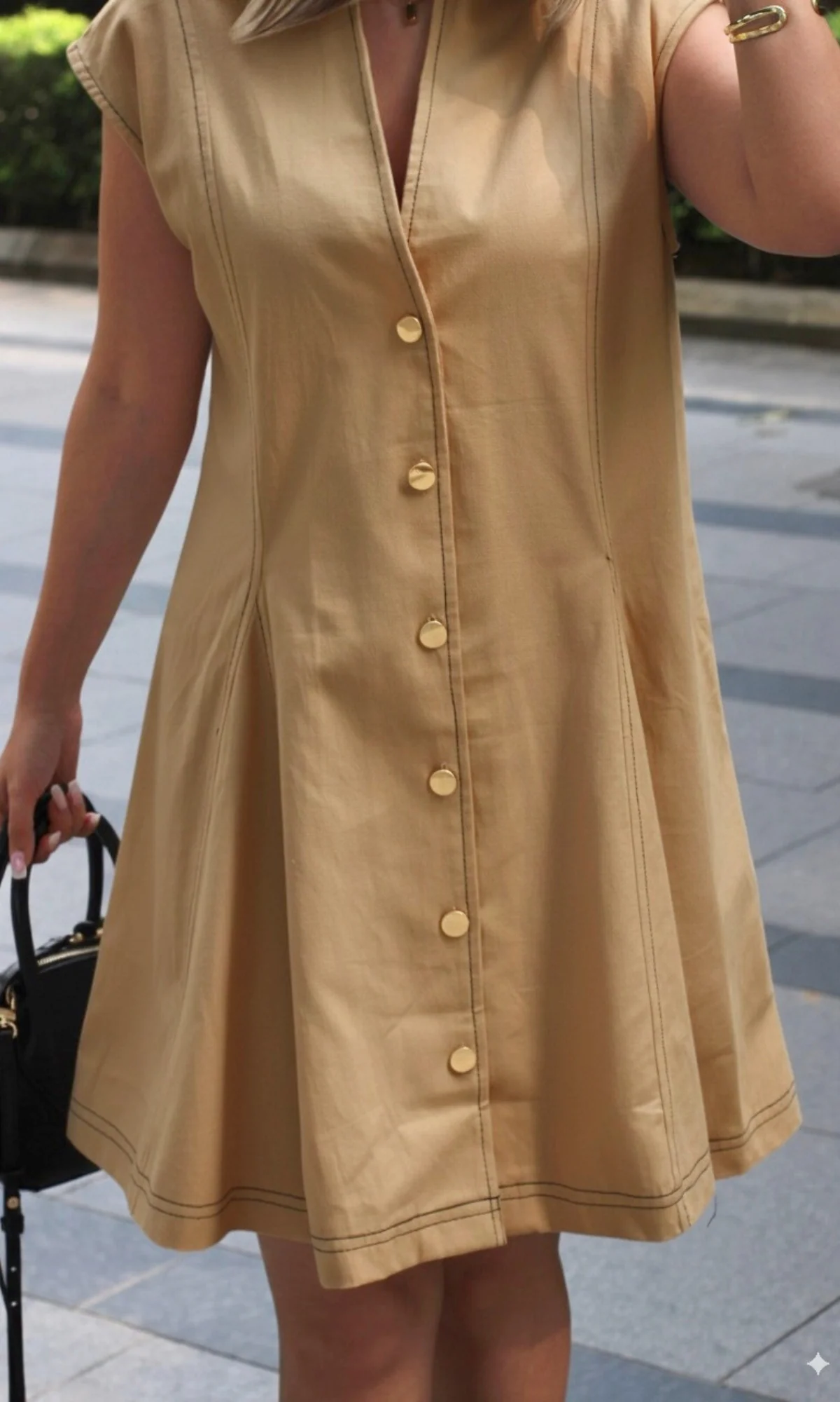 Tan Thread Detail Metallic Buttoned Dress - Image 3