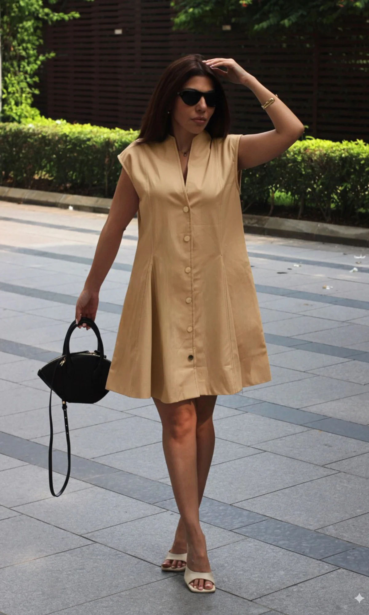 Tan Thread Detail Metallic Buttoned Dress - Image 4