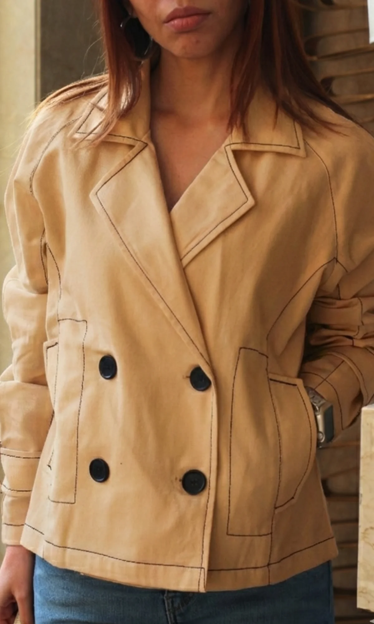 Tan Thread Detail Trench - Image 4