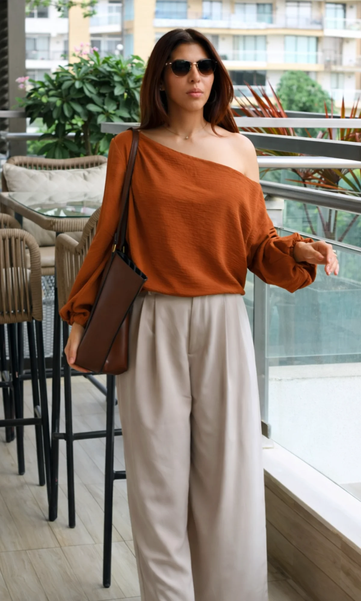 Tangerine Balloon Sleeved One Shoulder Top - Image 2