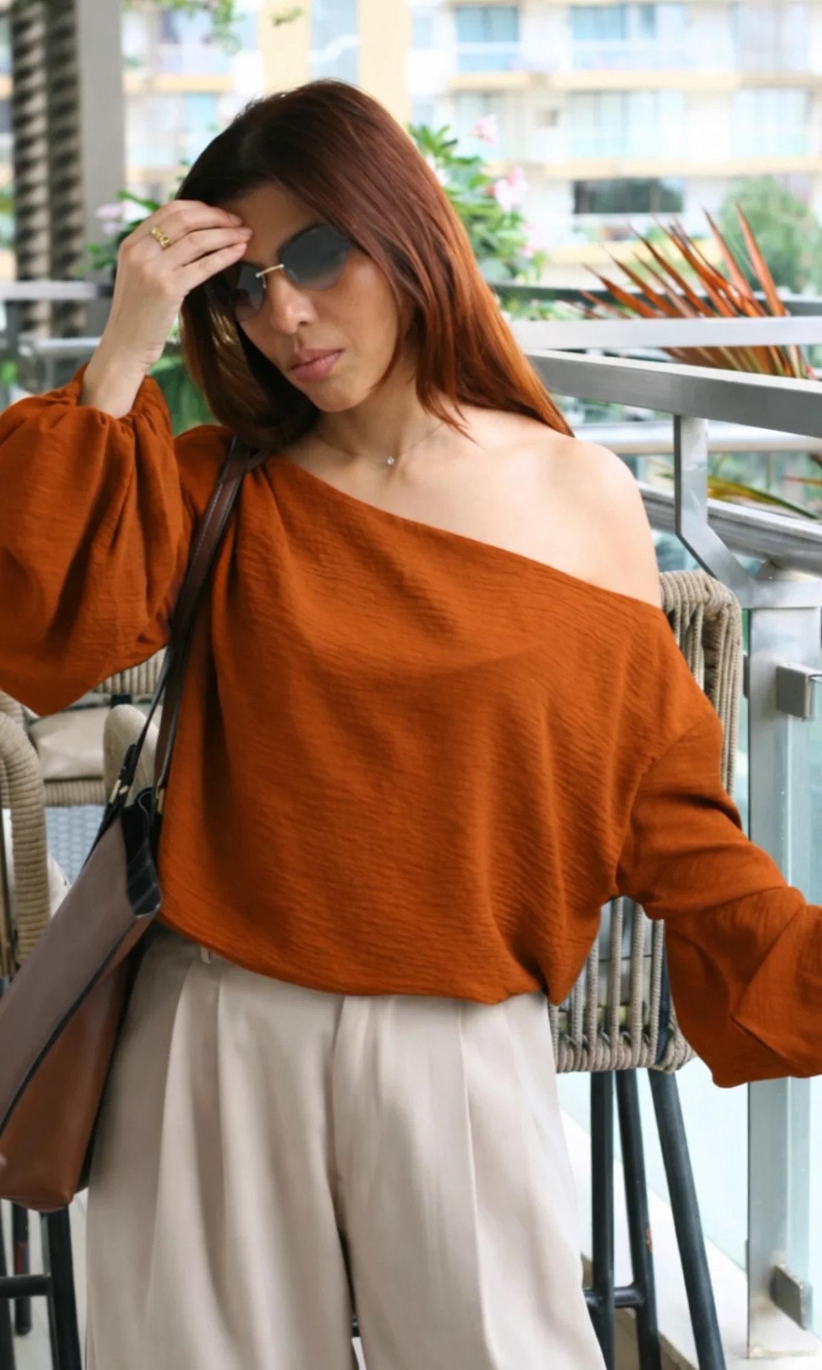 Tangerine Balloon Sleeved One Shoulder Top - Image 3