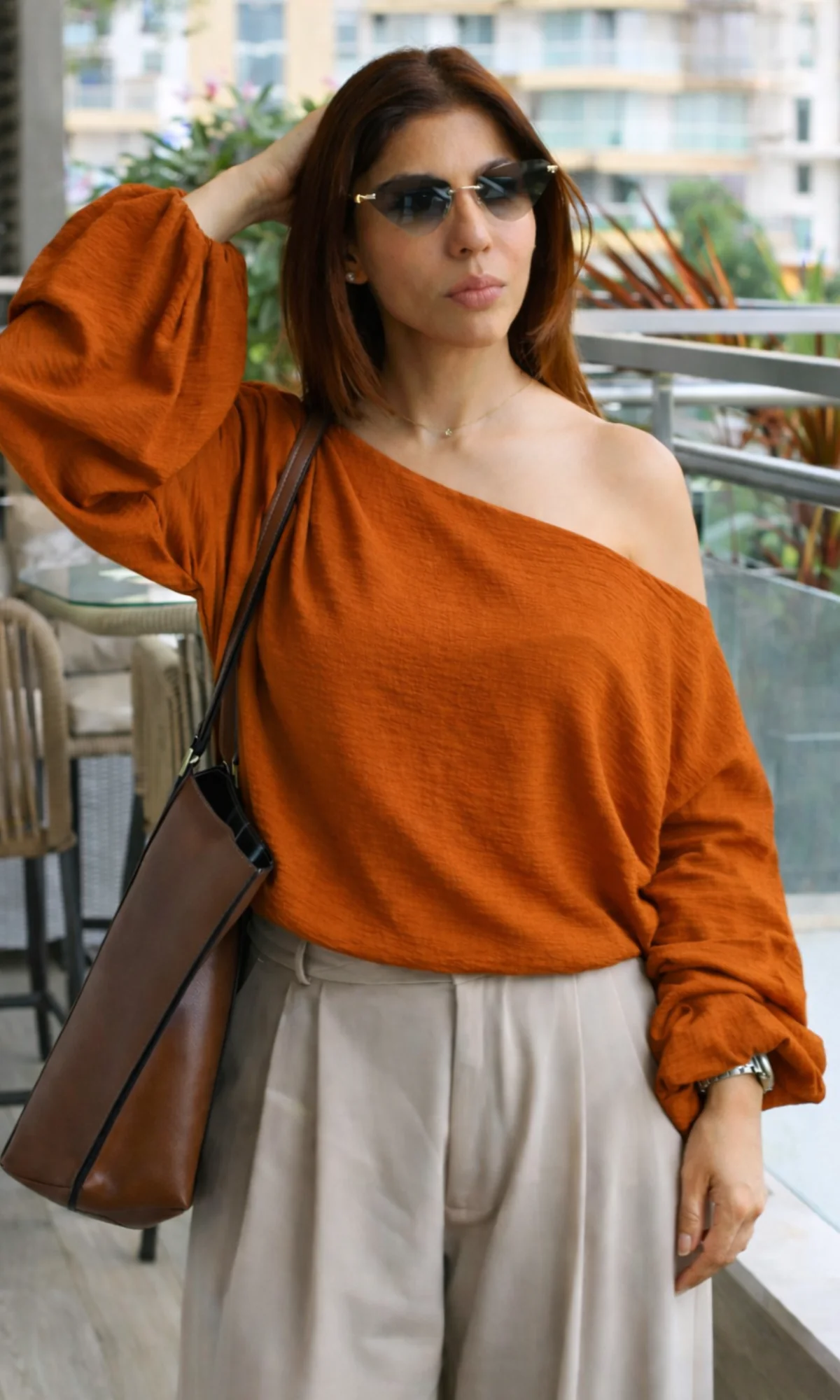 Tangerine Balloon Sleeved One Shoulder Top - Image 4