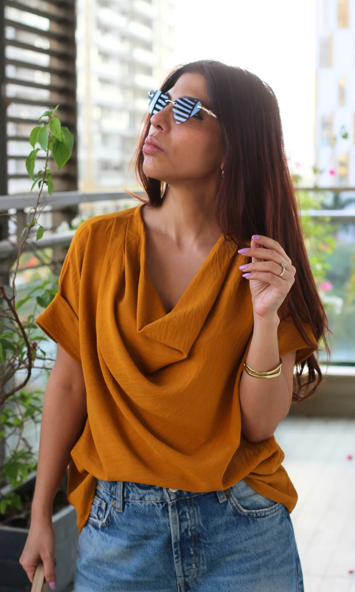 Tangerine Flowing Cowl Neck Top