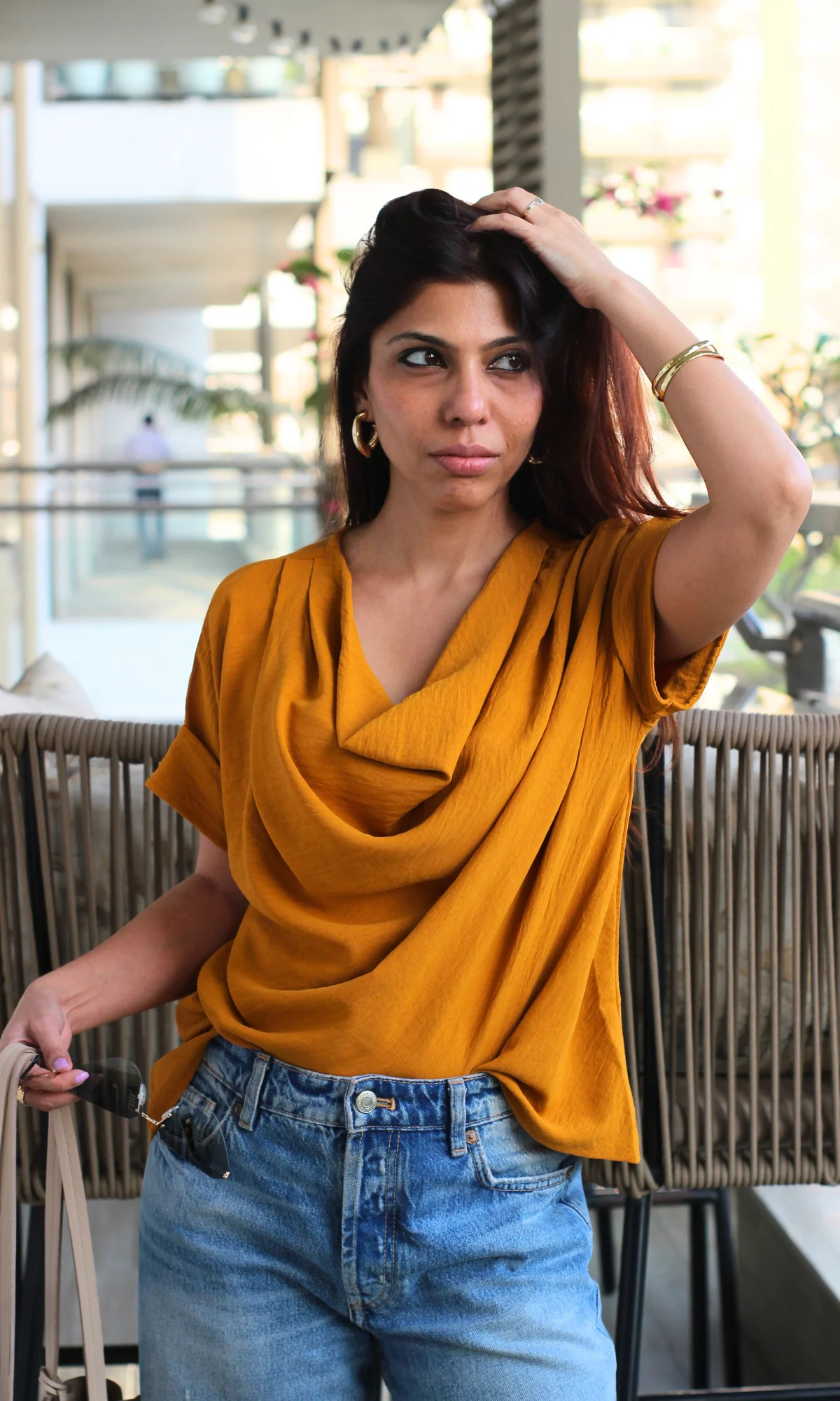 Tangerine Flowing Cowl Neck Top - Image 2