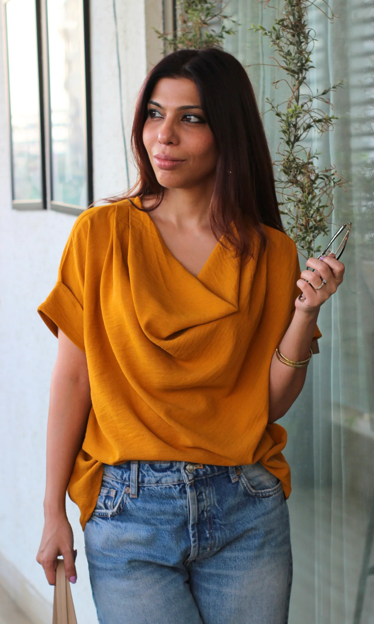 Tangerine Flowing Cowl Neck Top - Image 3