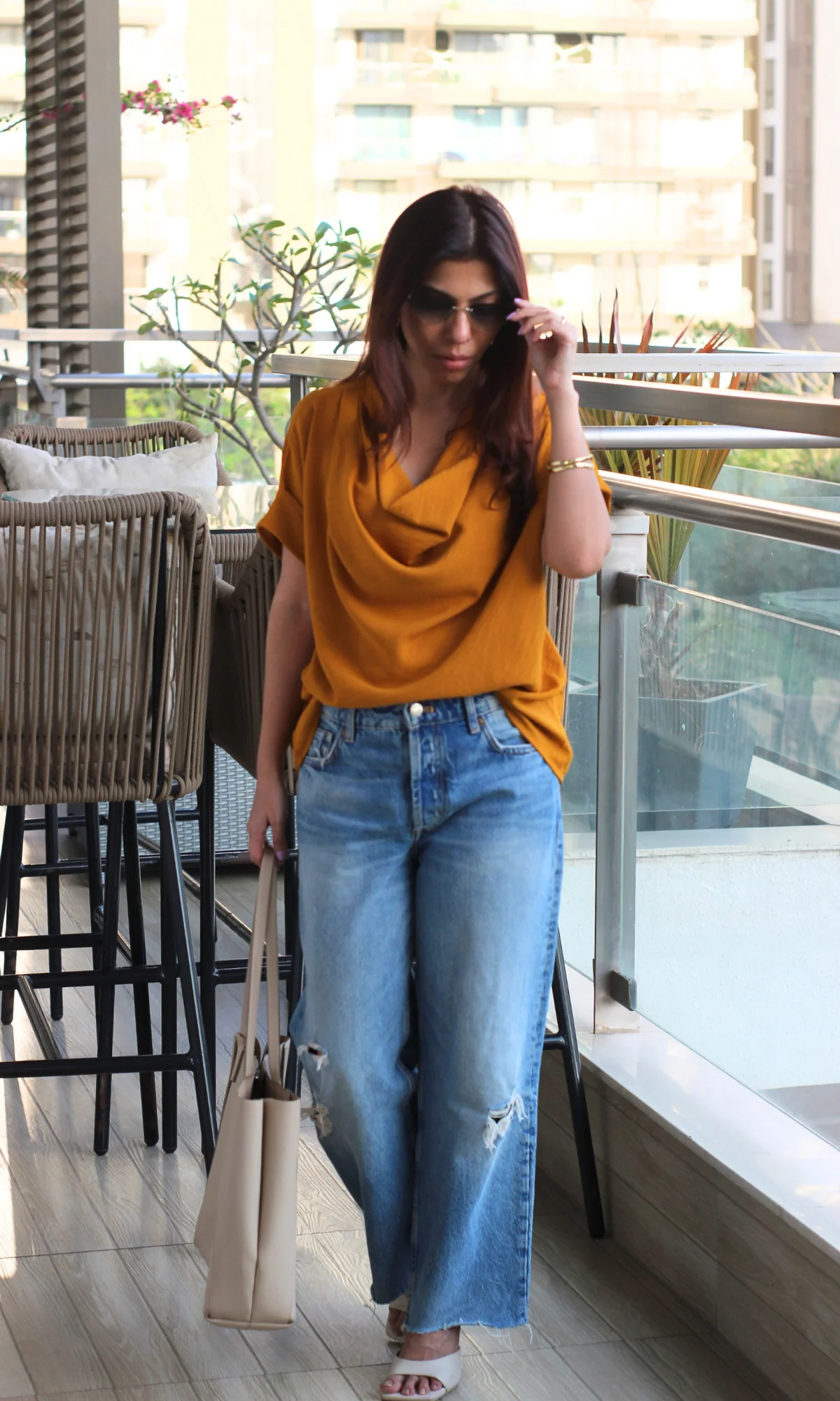 Tangerine Flowing Cowl Neck Top - Image 4