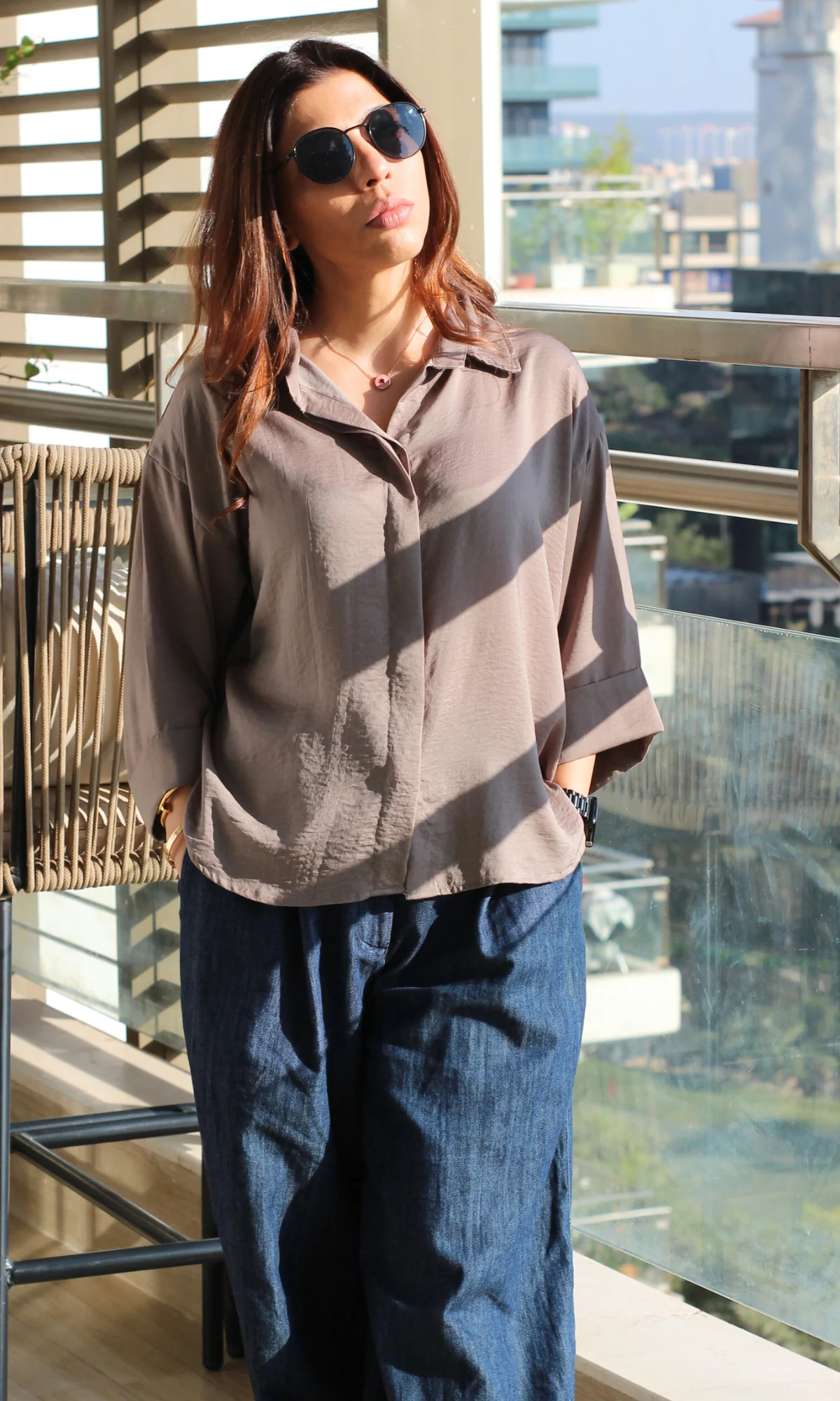 Taupe Sheen Oversized Shirt - Image 2
