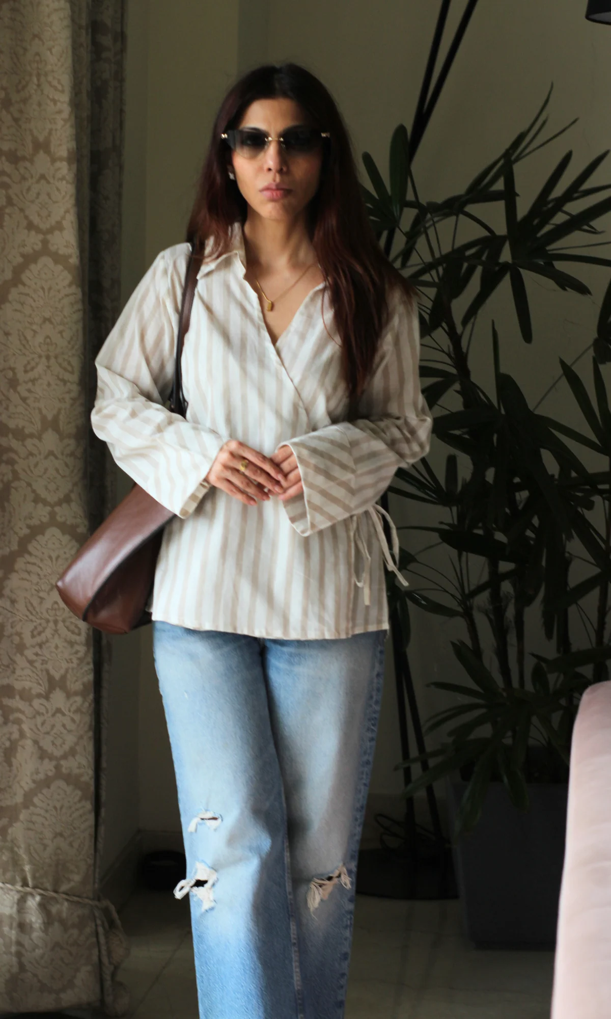 Taupe-White Collared Cotton Kimono Top - Image 3