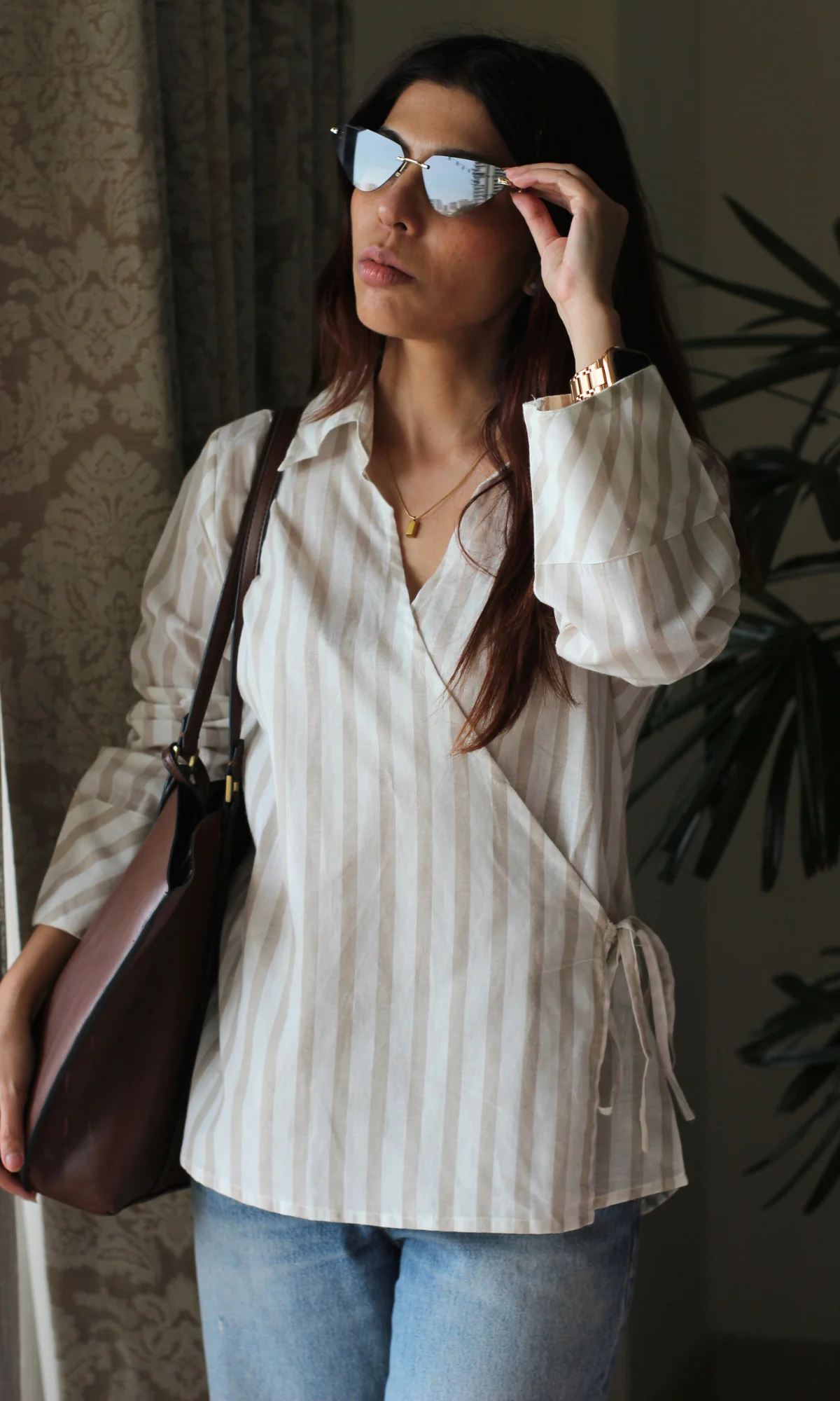 Taupe-White Collared Cotton Kimono Top - Image 4