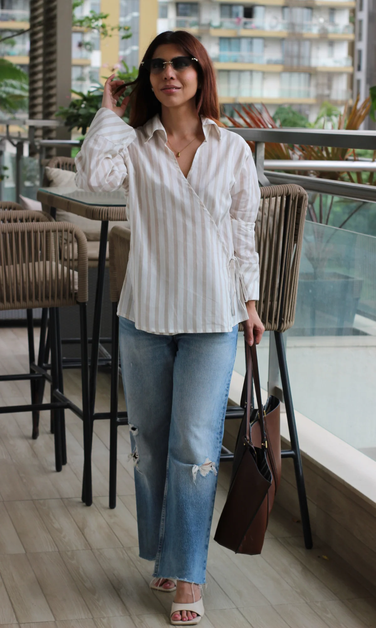 Taupe-White Collared Cotton Kimono Top - Image 5