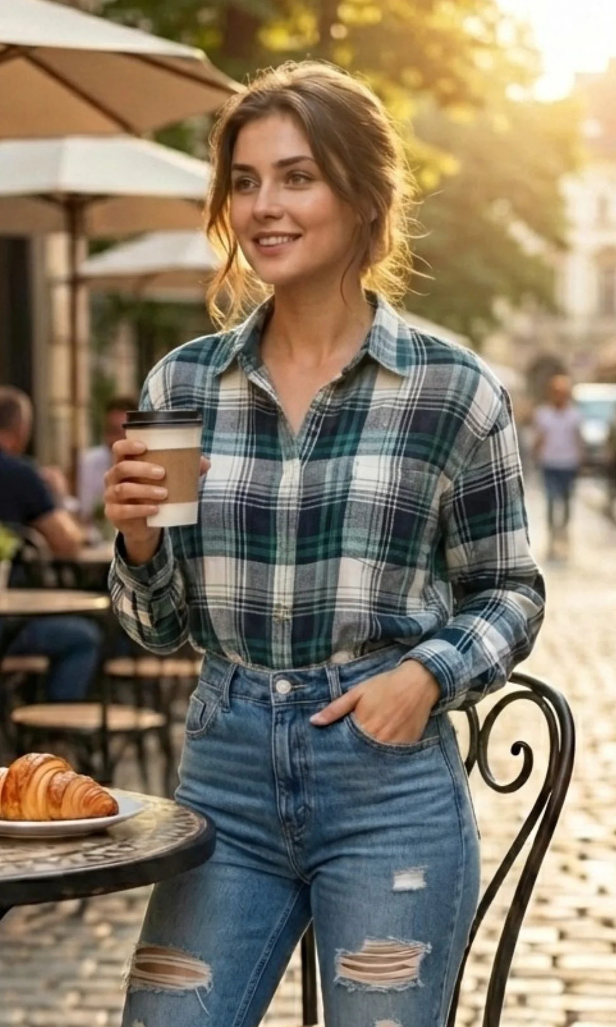 Teal-White Plaid Cotton Checked Shirt - Image 2