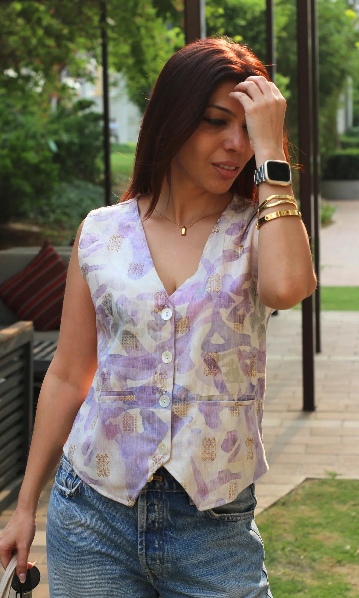 Thistle Purple Abstract Print Waist Coat - Image 5