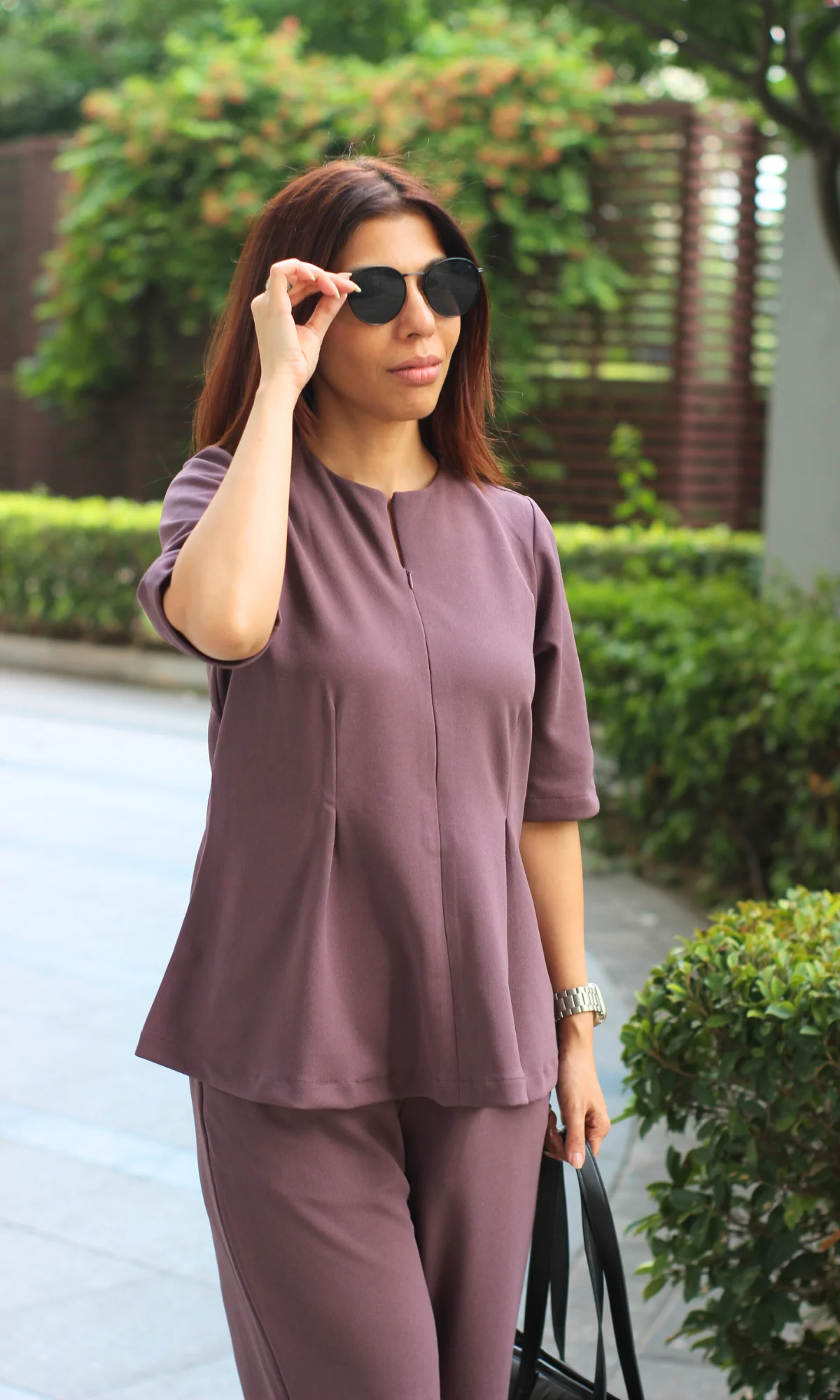 Viola Purple Sleeved Sleek-Pleat Detail and Flared Pants Co-ord - Image 2