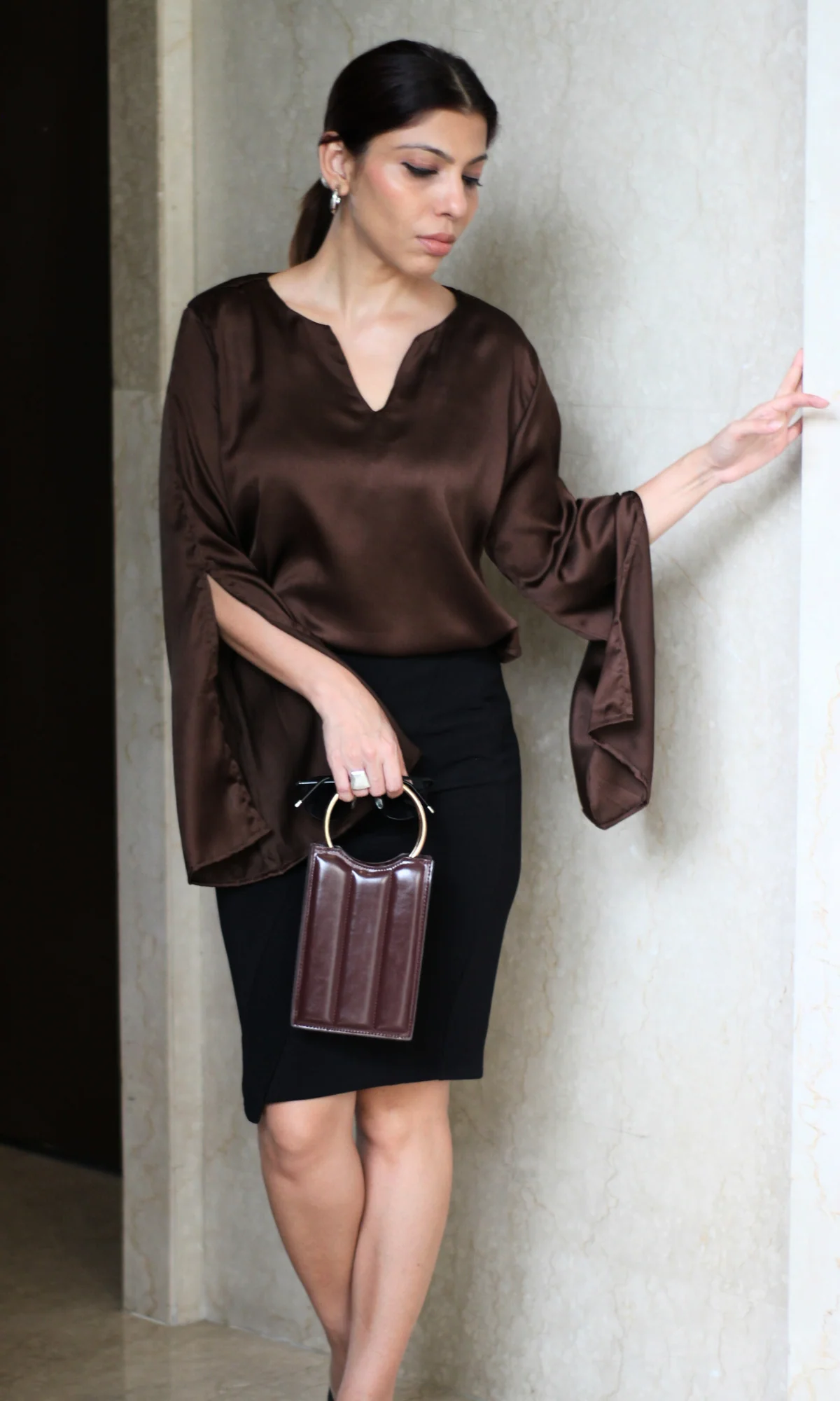 Walnut Slit Sleeve Satin Top - Image 4