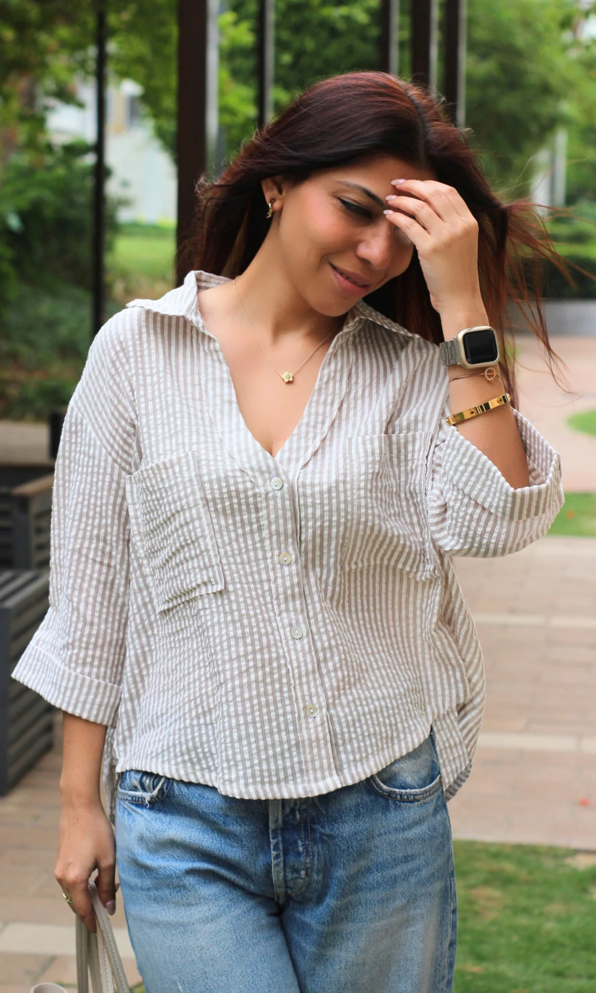 White & Beige Striped Cotton Cropped Shirt - Image 2
