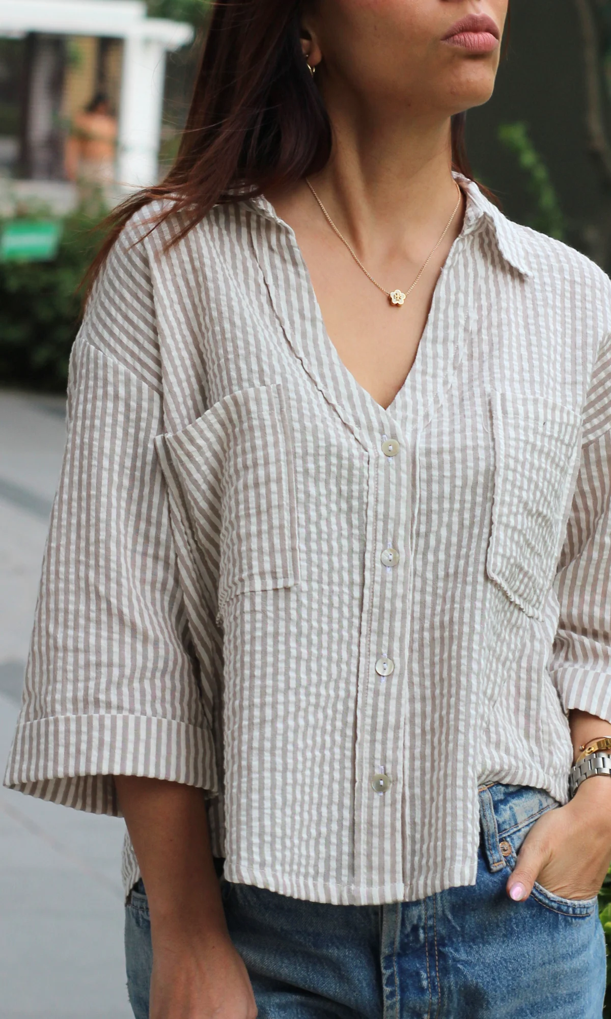 White & Beige Striped Cotton Cropped Shirt - Image 3