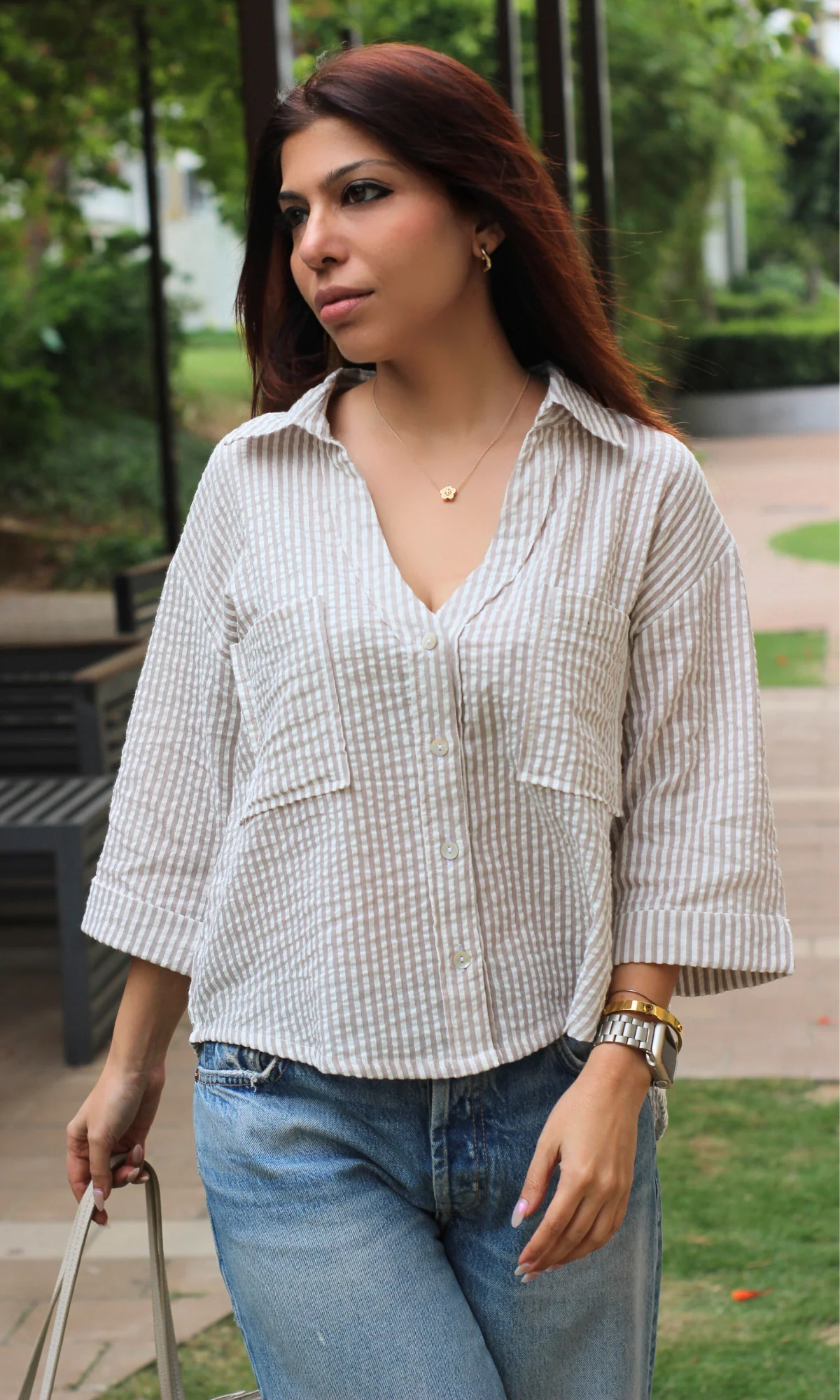 White & Beige Striped Cotton Cropped Shirt - Image 4