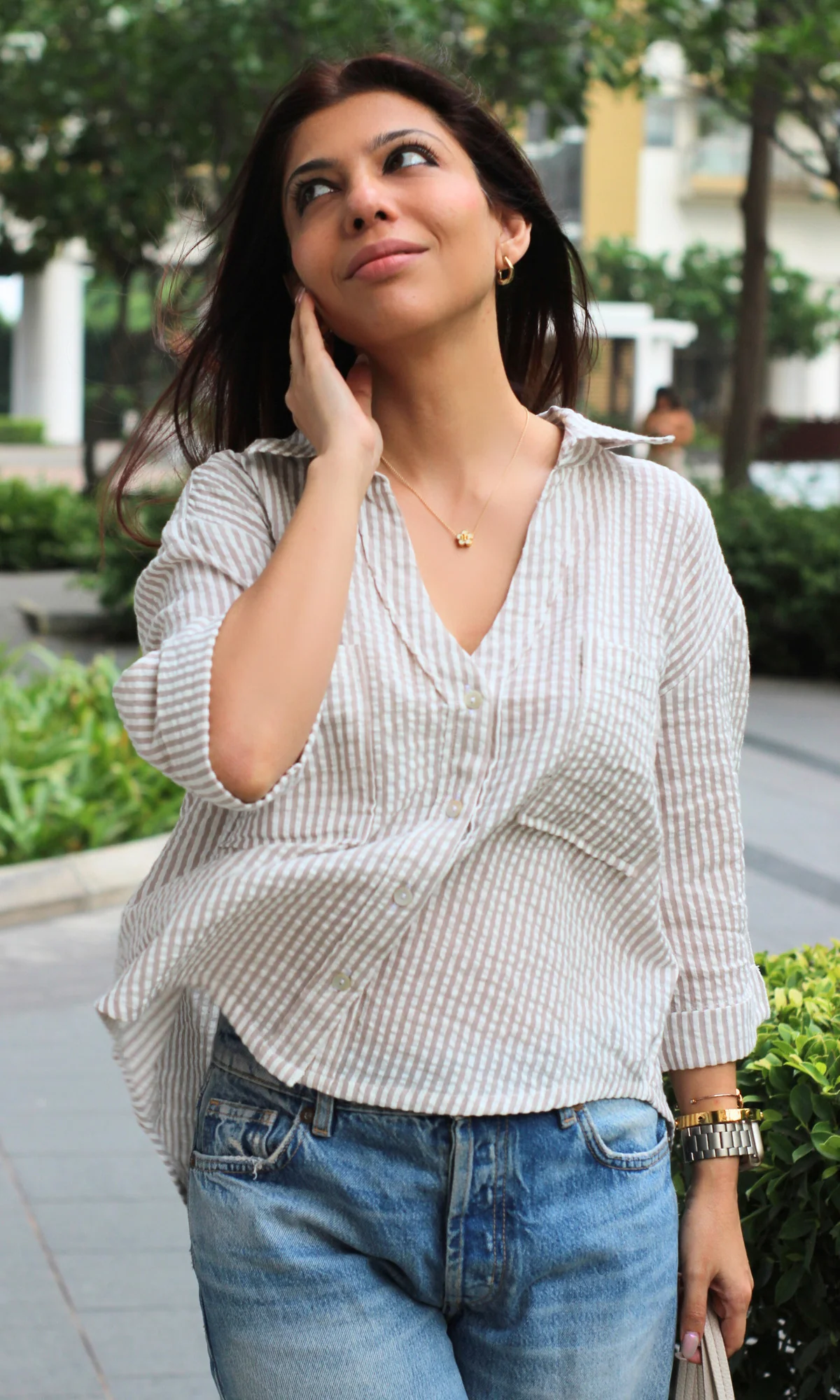 White & Beige Striped Cotton Cropped Shirt - Image 6