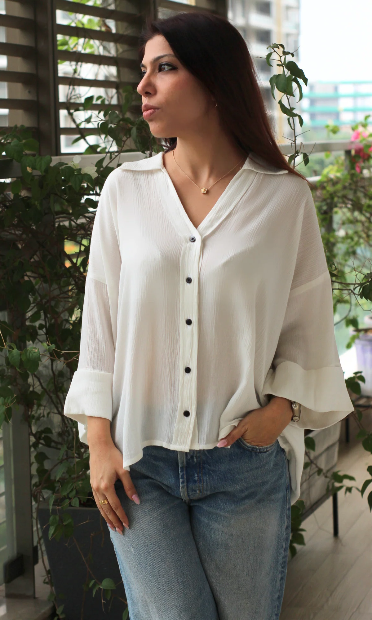 White Crinkled Cotton Shirt - Image 5