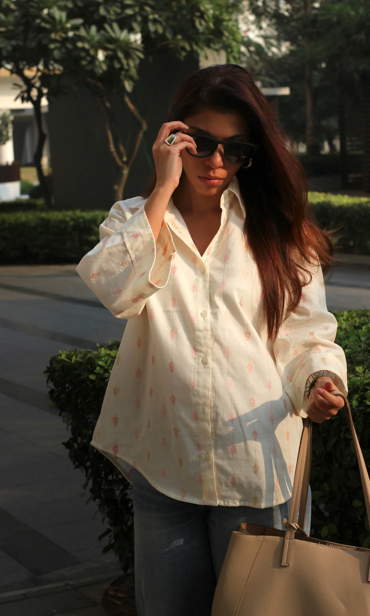 White Lurex Detail Cotton Shirt - Image 3