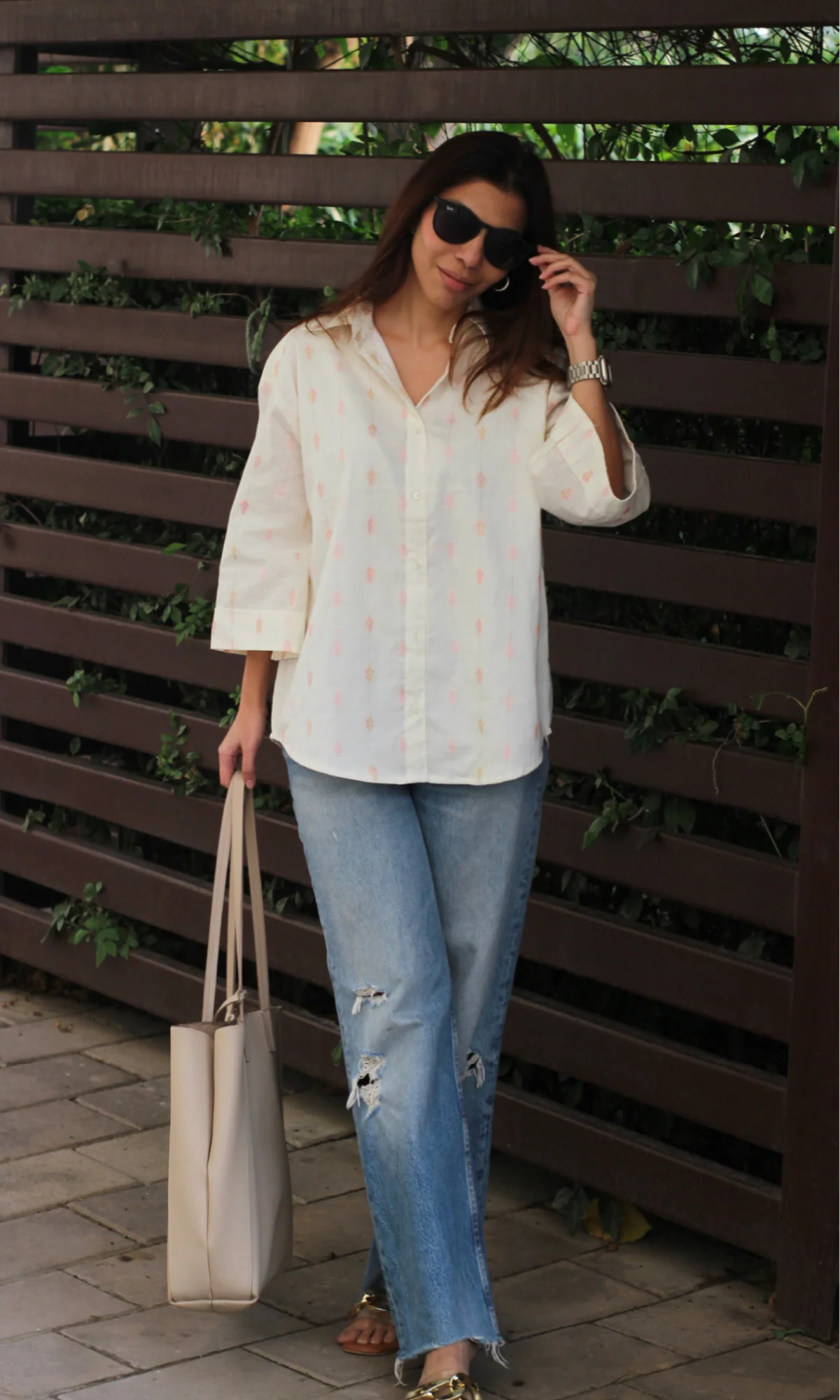 White Lurex Detail Cotton Shirt - Image 6