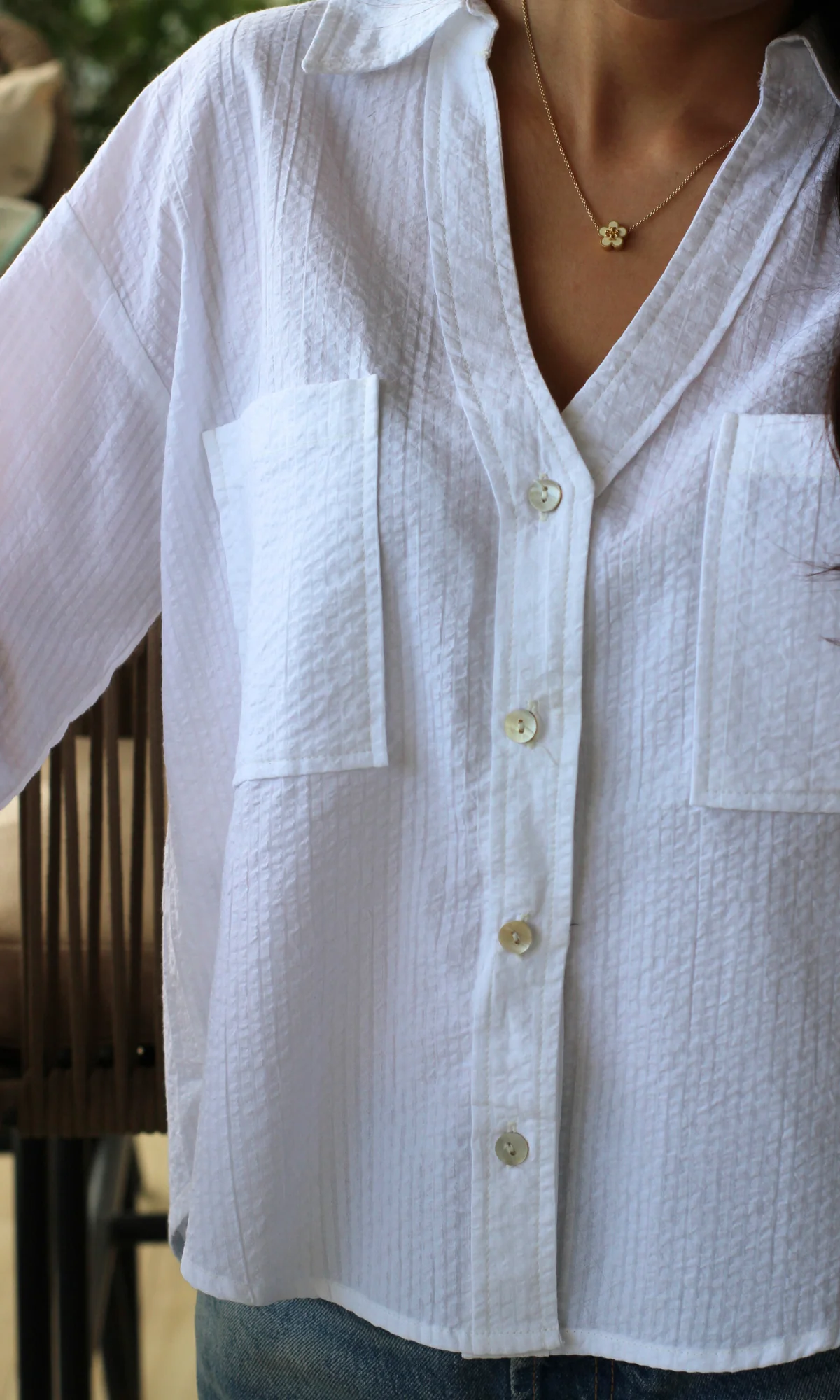 White Self-Striped Cotton Cropped Shirt - Image 3