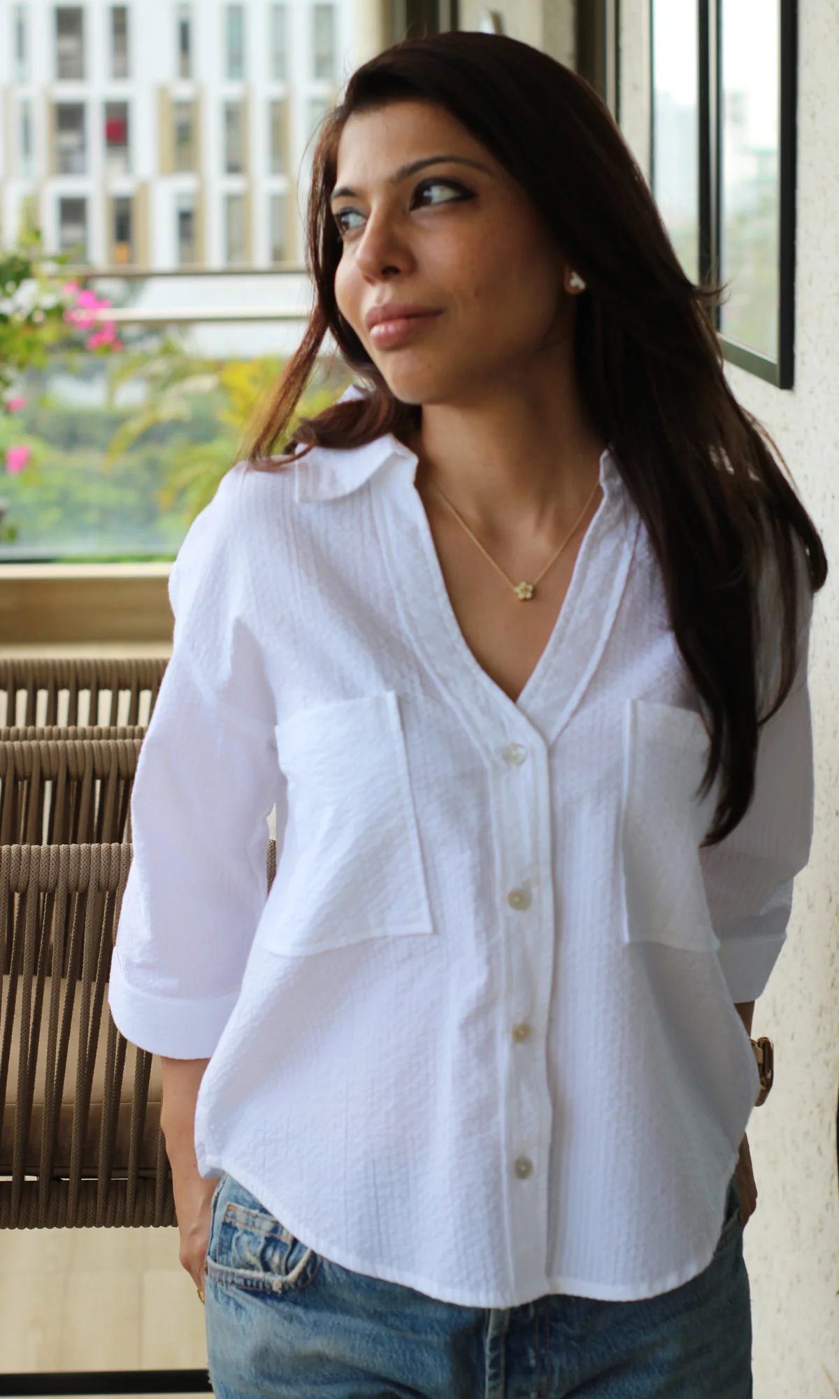 White Self-Striped Cotton Cropped Shirt - Image 4