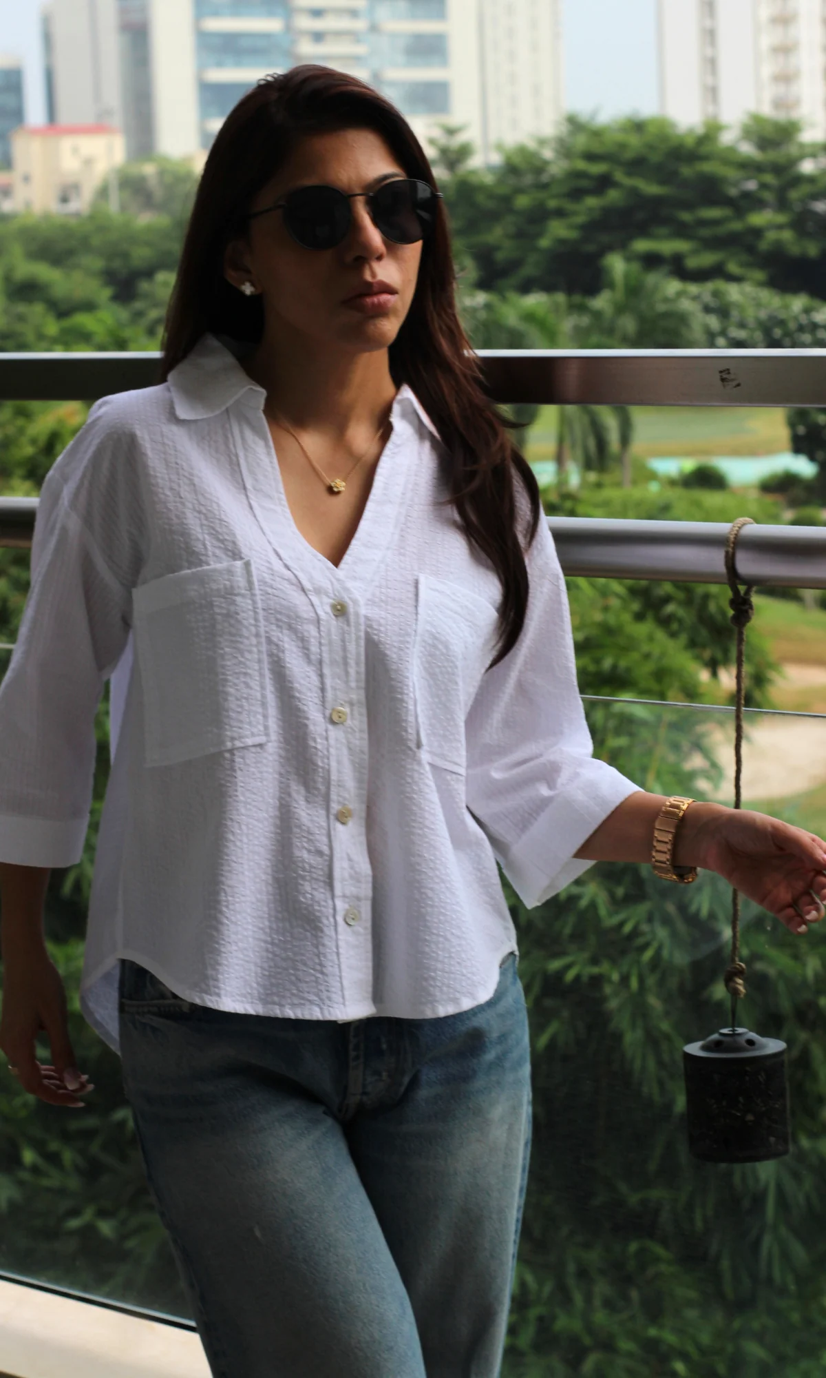 White Self-Striped Cotton Cropped Shirt - Image 5